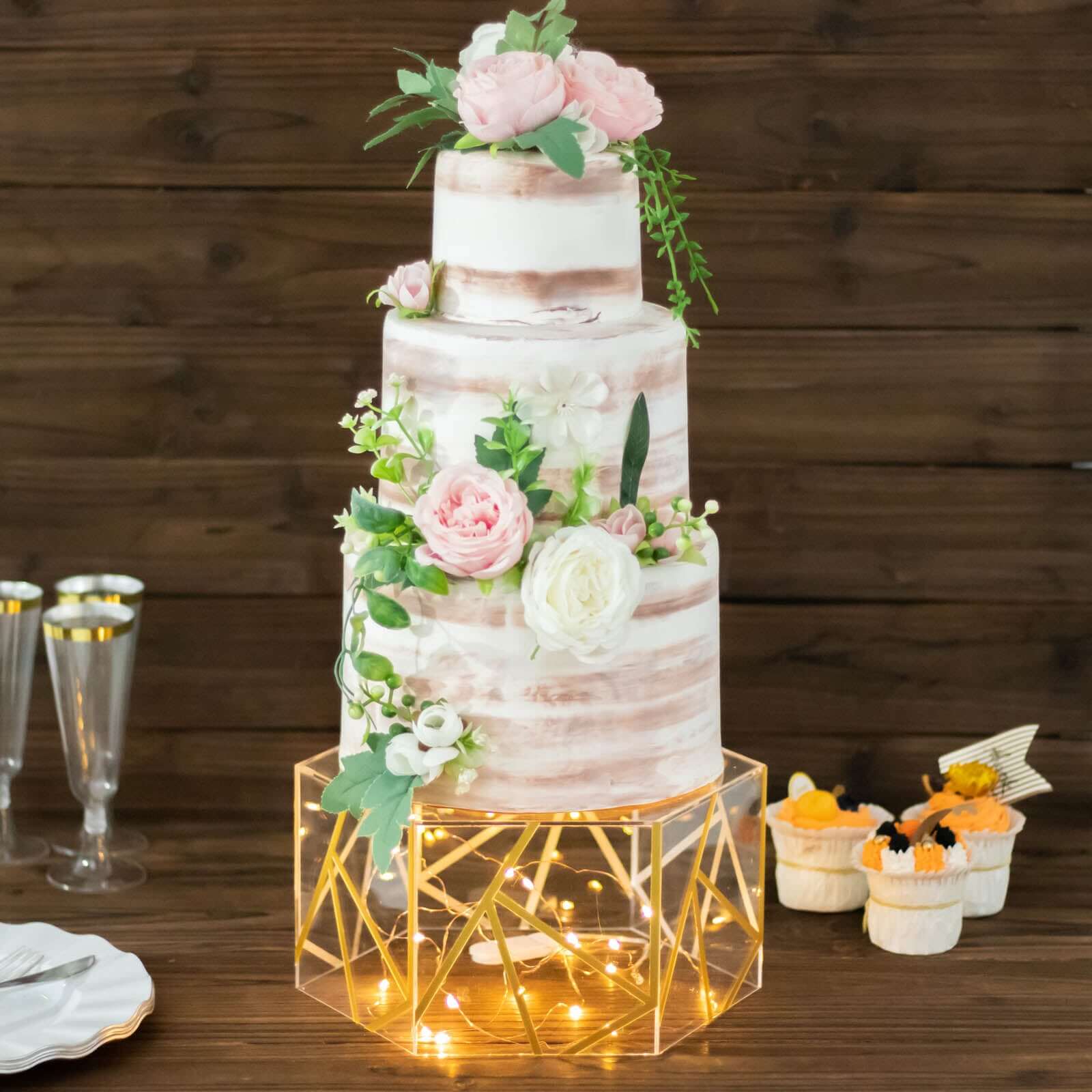 Acrylic Cake Stand Pedestal Riser Box Hexagonal Design Clear and Gold 10"x5" - Decorative Event Display