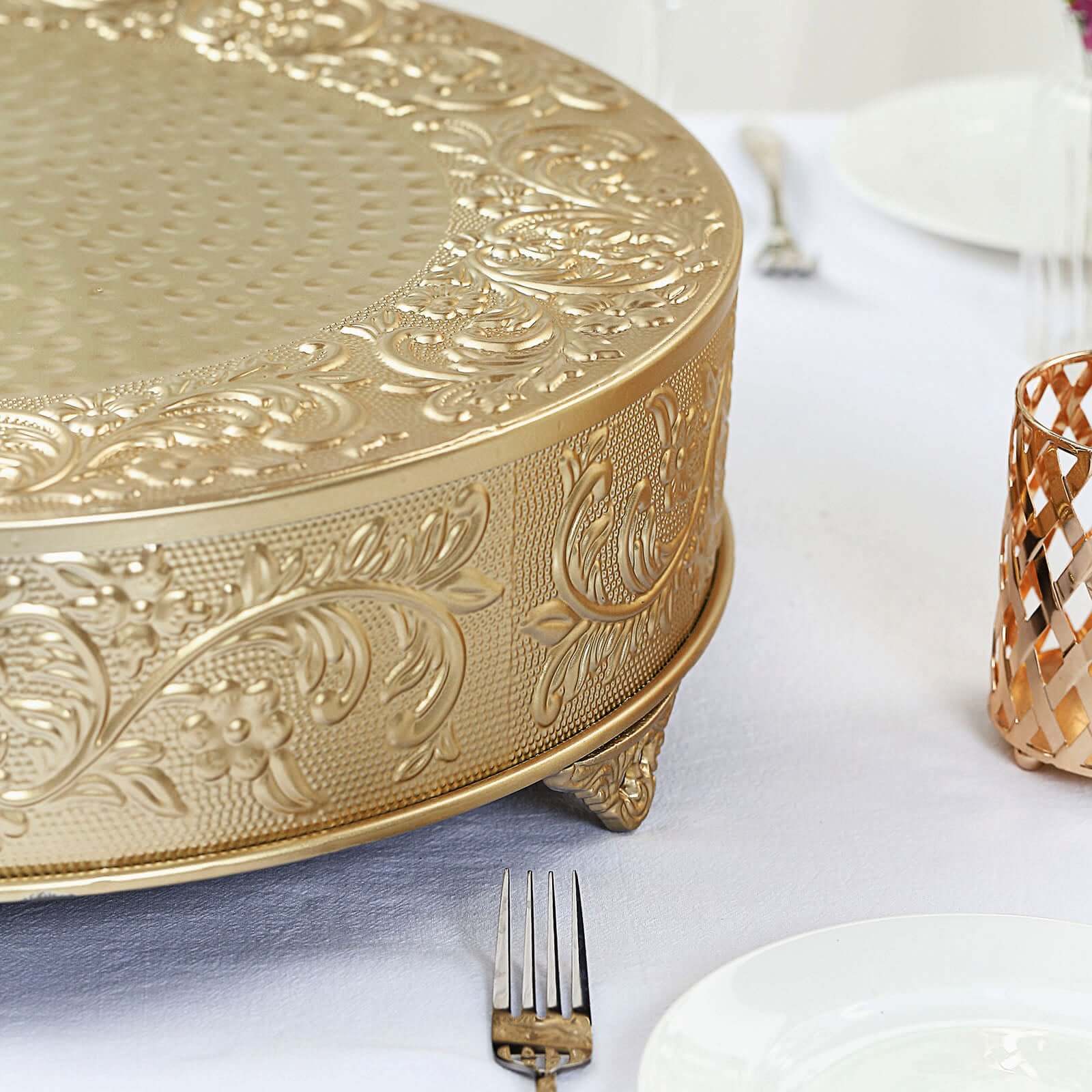Metal 18" Round Cake Pedestal Stand Matte Gold - Cupcake Dessert Display Riser with Intricate Embossed Design for Upscale Events & Gatherings