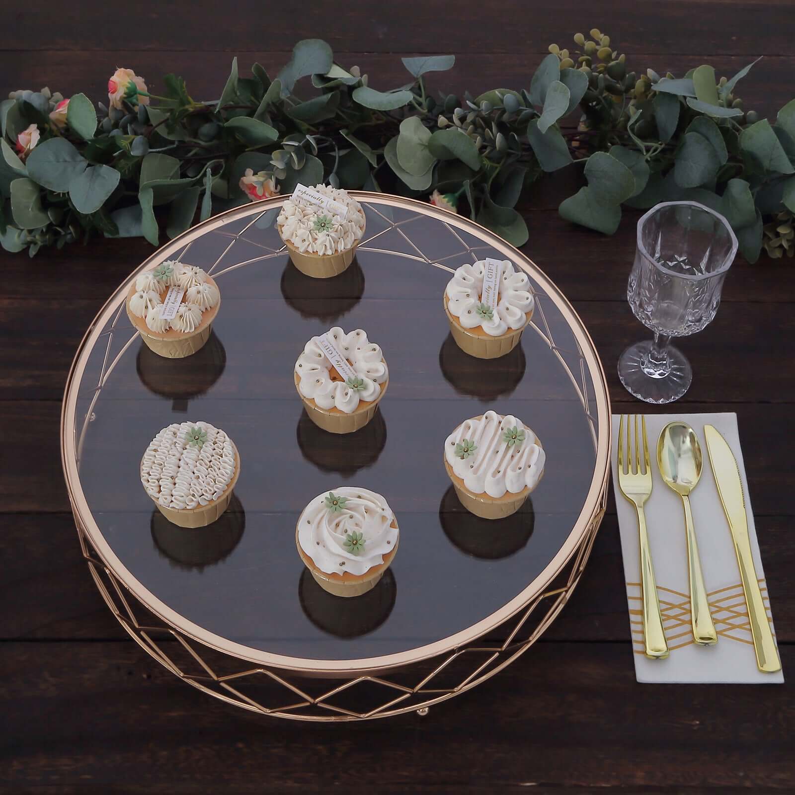 Metal Cake Stand Geometric Diamond Cut Design Gold with Glass Top - Dessert Display Riser 14"