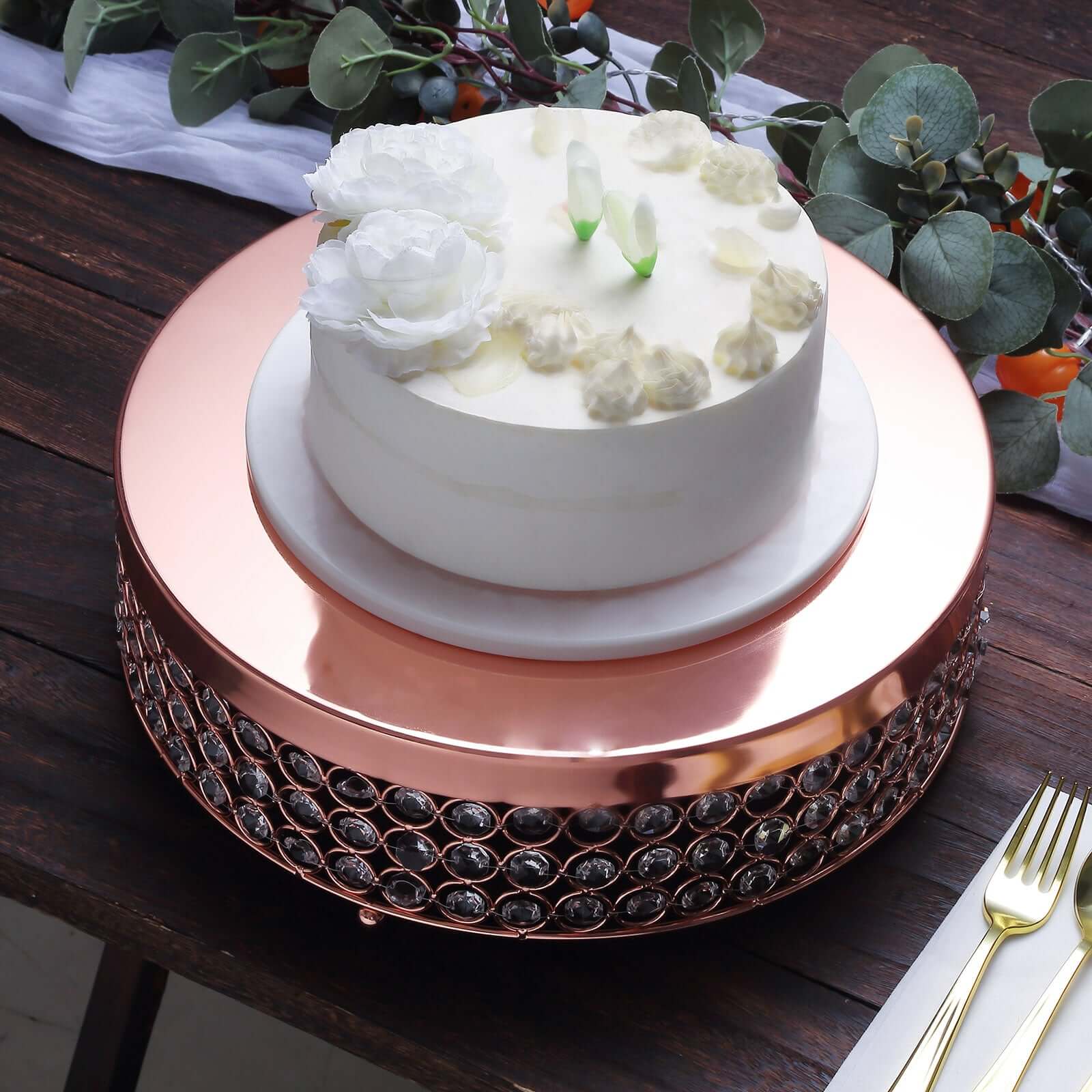 Metal Cake Stand Pedestal Crystal Beaded Design Rose Gold - Cupcake Display and Dessert Riser 13"