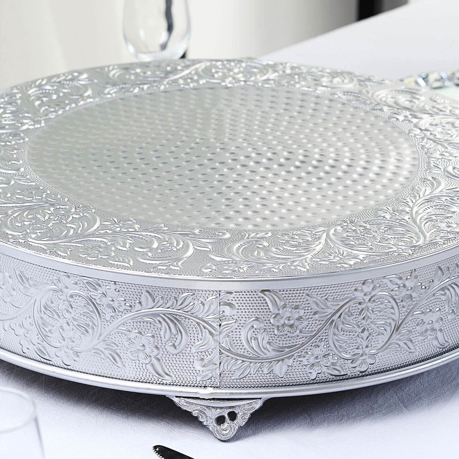 Metal 22" Round Cake Pedestal Stand Matte Silver - Cupcake Dessert Display Riser with Intricate Embossed Design for Upscale Events & Gatherings