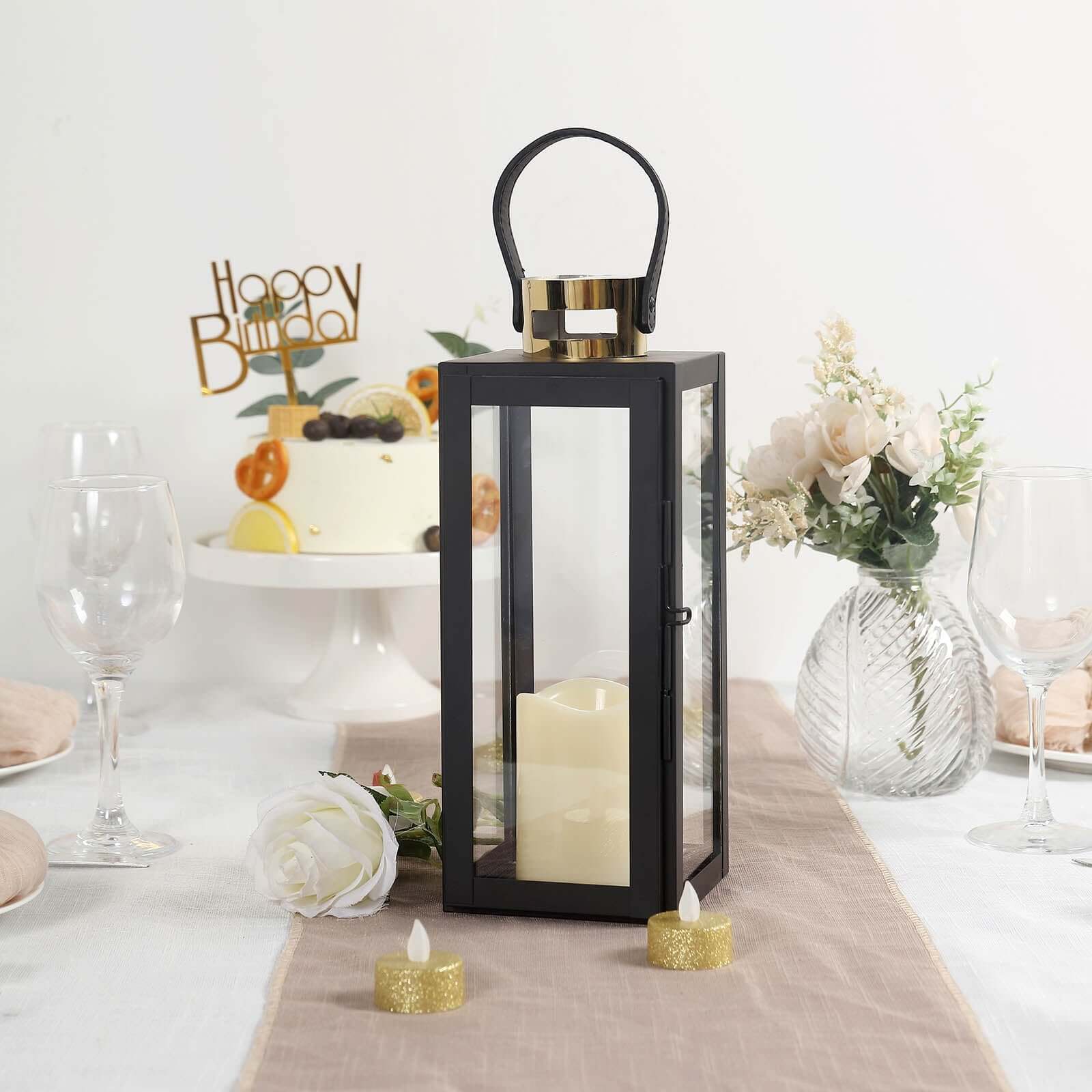 14" Black and Gold Top Stainless Steel Candle Lantern Centerpiece Outdoor Metal Patio Lantern
