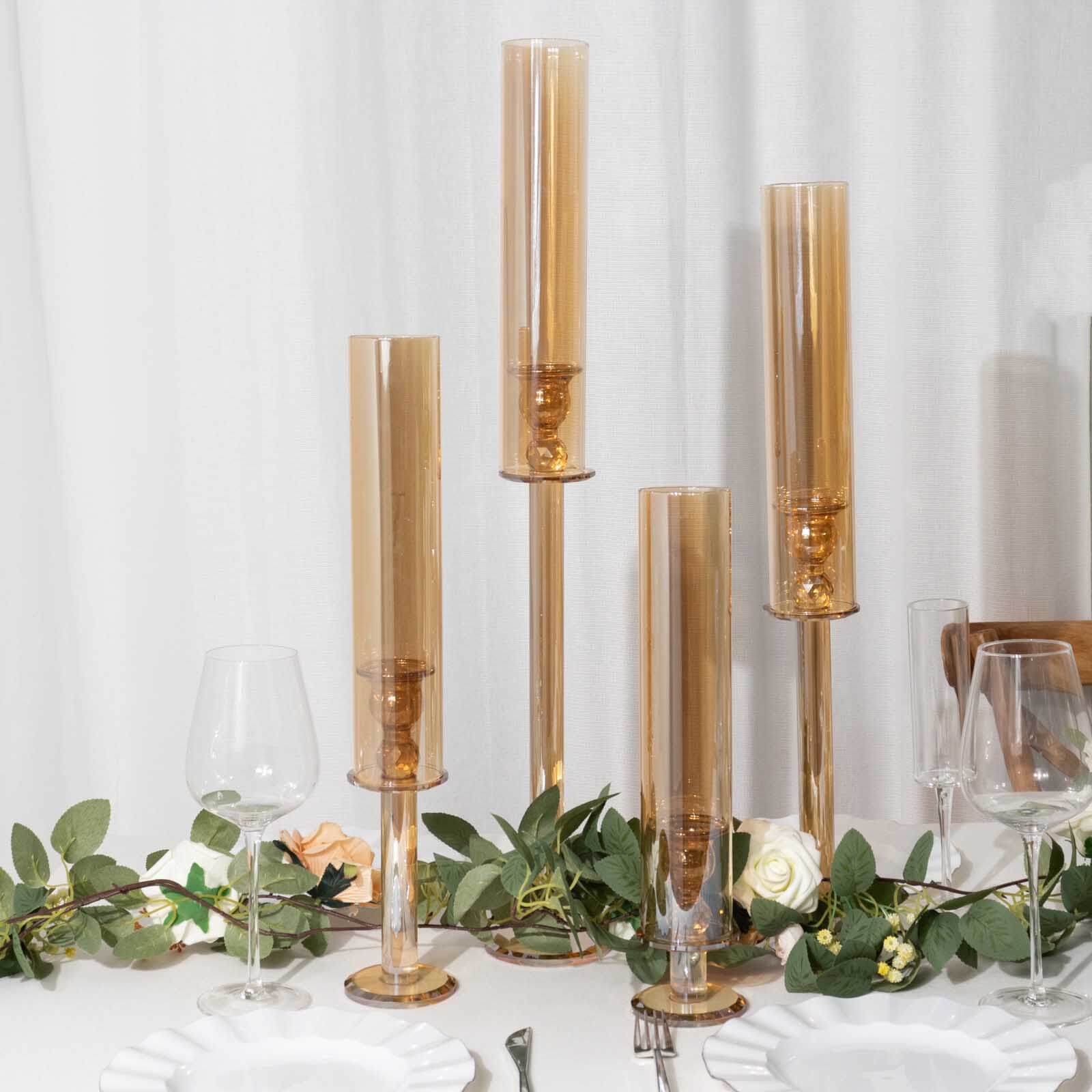 Set of 4 Crystal Glass Hurricane Taper Candle Holders, Decorative Tall Candle Stands Gold Cylinder Chimney Tubes 14", 18", 22", 26"