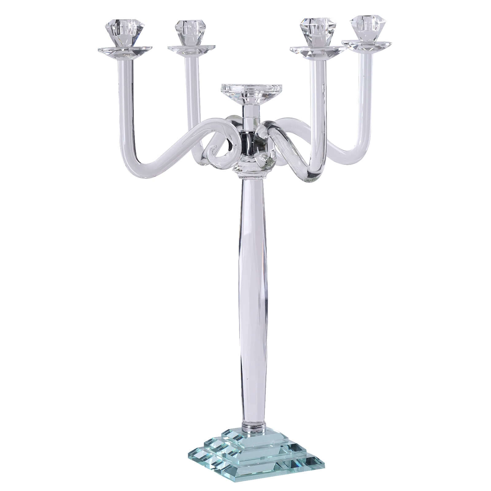 5 Arm Crystal Glass Candelabra Clear- Exquisite Decorative Taper Candle Holder Table Centerpiece for Grand Celebrations 27"