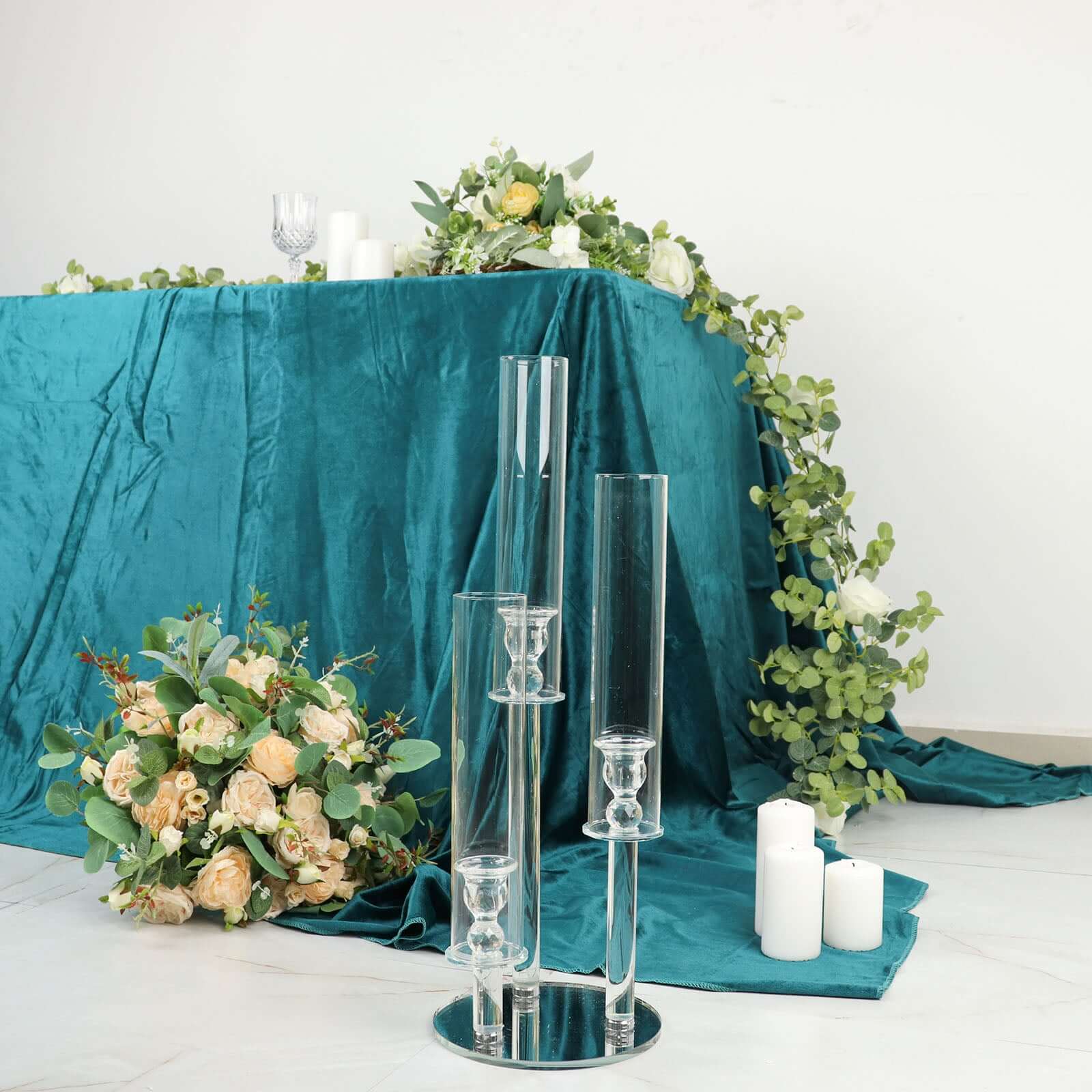 3-Arm Round Crystal Glass Candelabra Clear Taper Design - Sophisticated Pillar Candle Holder Table Centerpiece for Weddings 23"