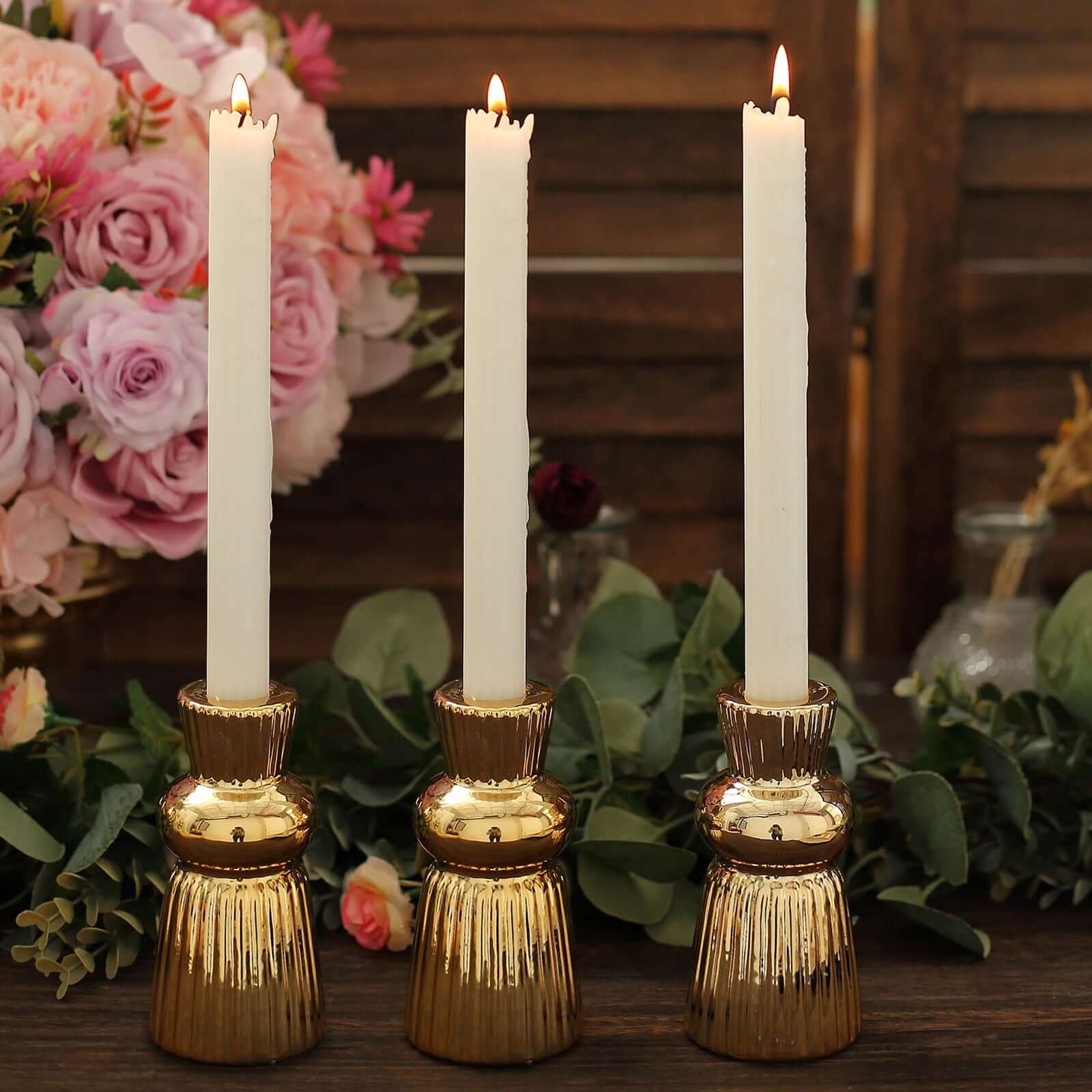 3-Pack Ceramic Taper Candle Holders Fluted Ball Neck Design Metallic Gold - Ribbed Candlestick Stands 5"