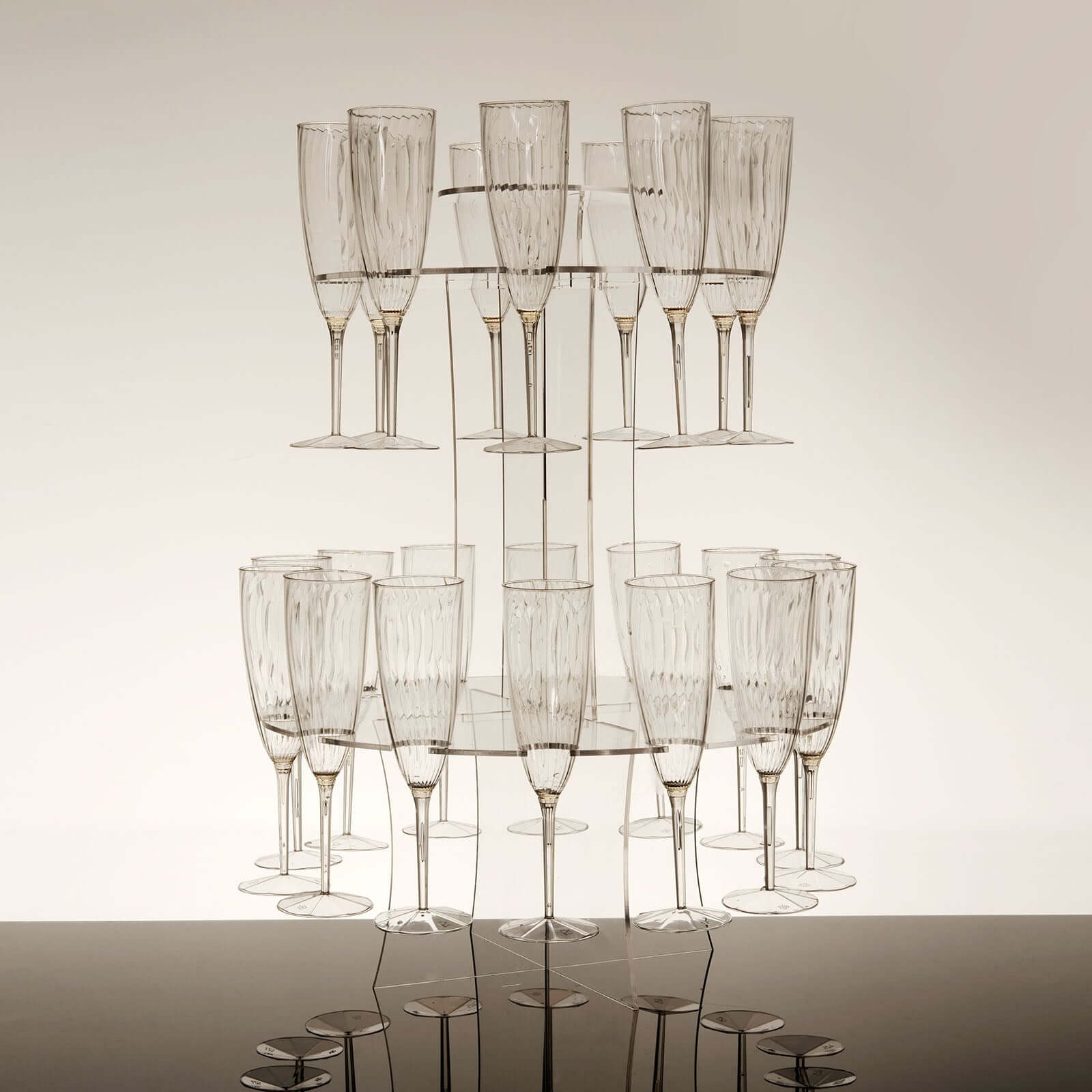 3-Tier Round Champagne Glass Holder Tower Clear Acrylic - Flute Display Rack Cocktail Tree Stand Holds 23 Stemware + 1 Bottle for Professional & Home Use 21"