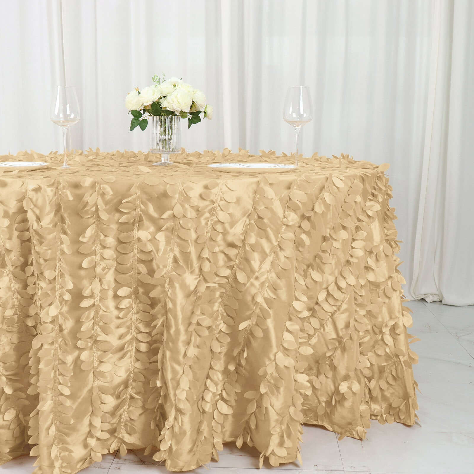 Taffeta 132" Round Tablecloth Champagne Leaf | 3D Leaf Petal Design Seamless Table Cover