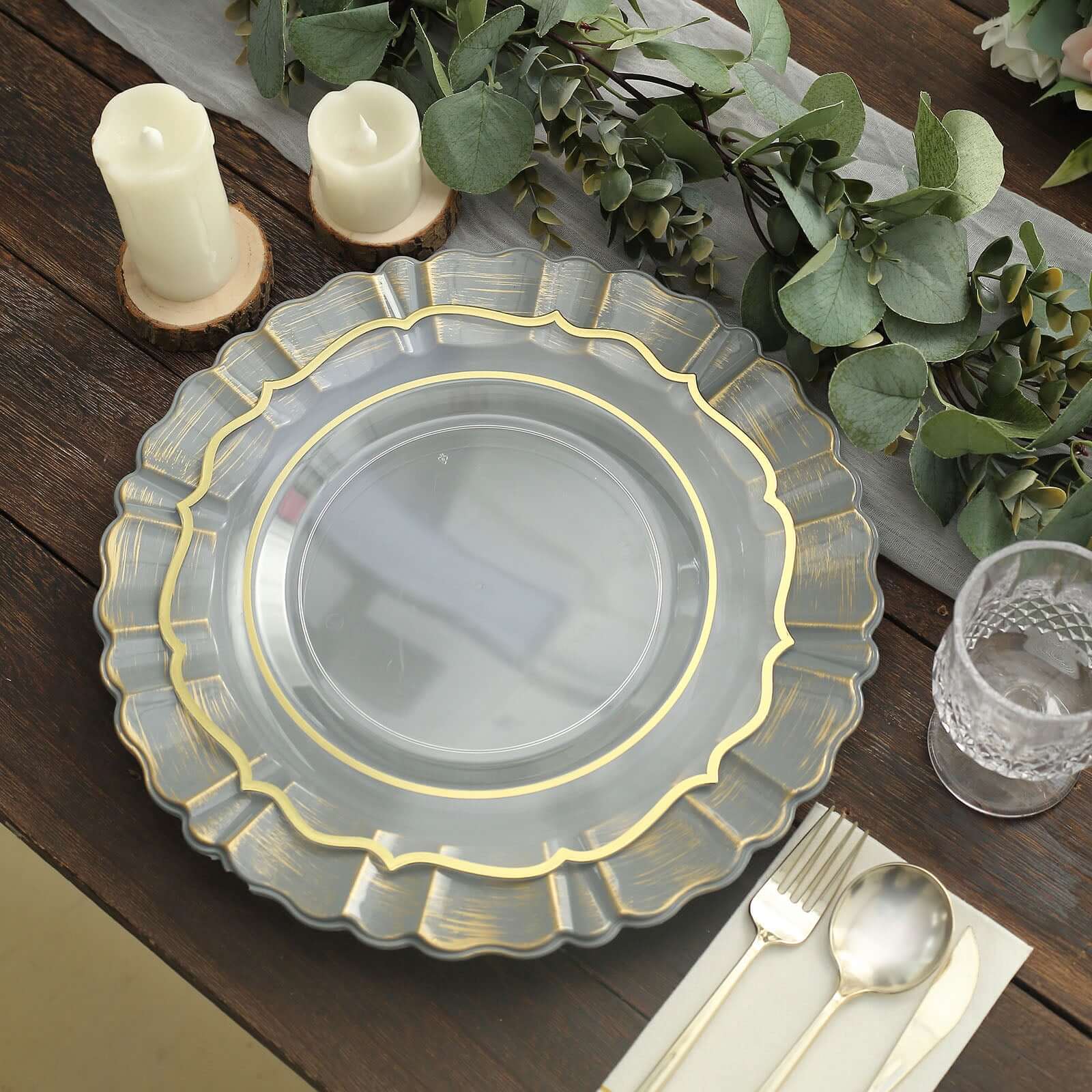 6-Pack Acrylic Plastic Round Charger Plates 13" in Charcoal Gray with Gold Brushed Wavy Scalloped Rim, Decorative Dinner Party Charger Tableware
