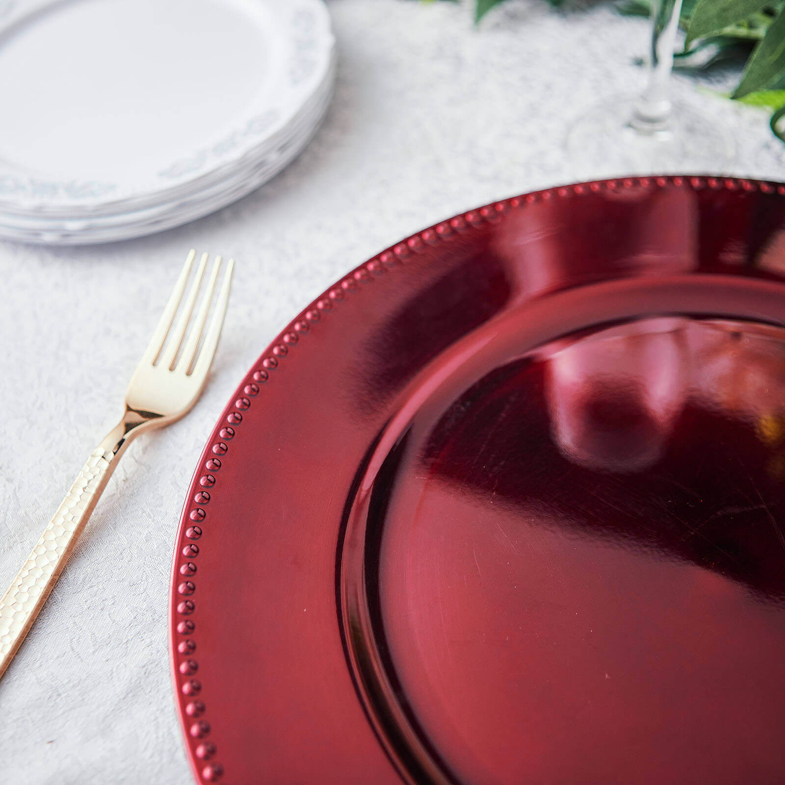 6-Pack Acrylic Round Charger Plates 13" in Burgundy with Beaded Rim, Dinner Charger Event Tabletop Decor