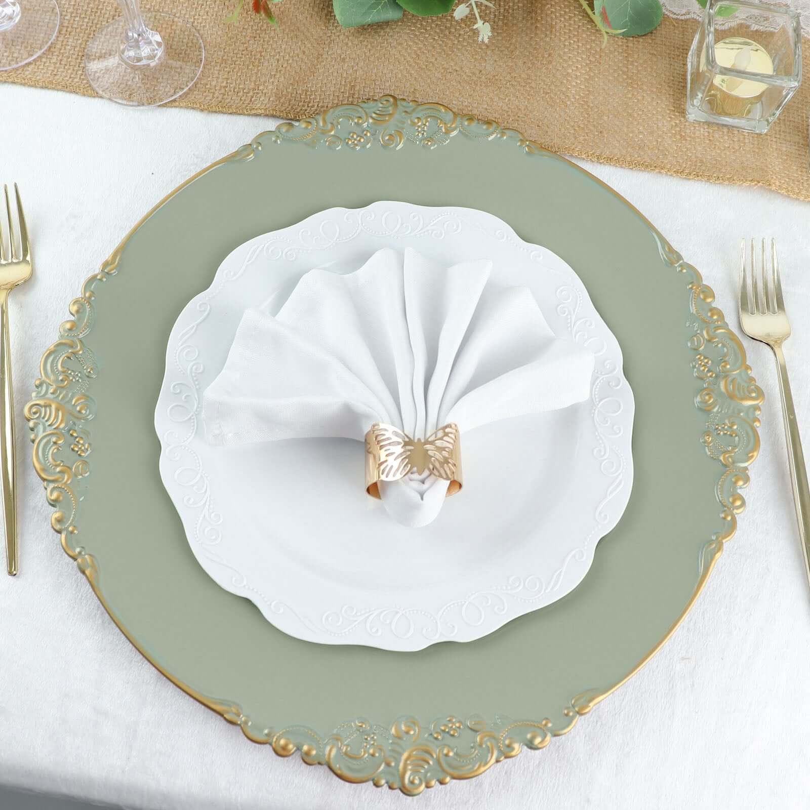 6-Pack Acrylic Round Charger Plates 13" in Dusty Sage Green with Gold Embossed Baroque Rim, Antique Decorative Dinner Party Charger Tableware