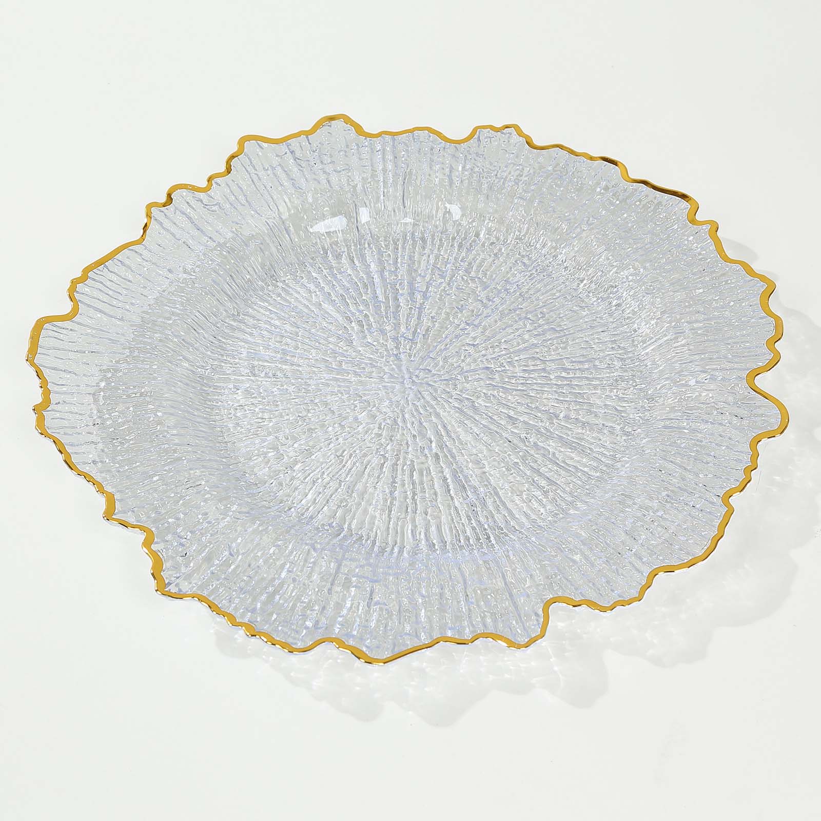 6-Pack Plastic Round Charger Plates 12" in Clear Reef Design with Gold Rim, Decorative Dinner Party Serving Plates