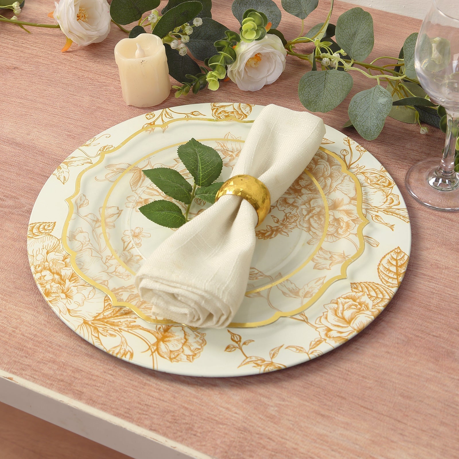 6-Pack Acrylic Round Charger Plates 13" in White with Gold Floral French Toile Pattern, Decorative Dinner Party Charger Tableware