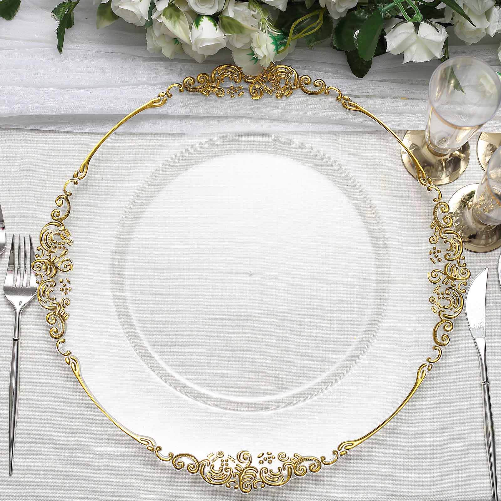 6-Pack Acrylic Round Charger Plates 13" in Clear with Gold Embossed Baroque Rim, Antique Decorative Dinner Party Charger Tableware