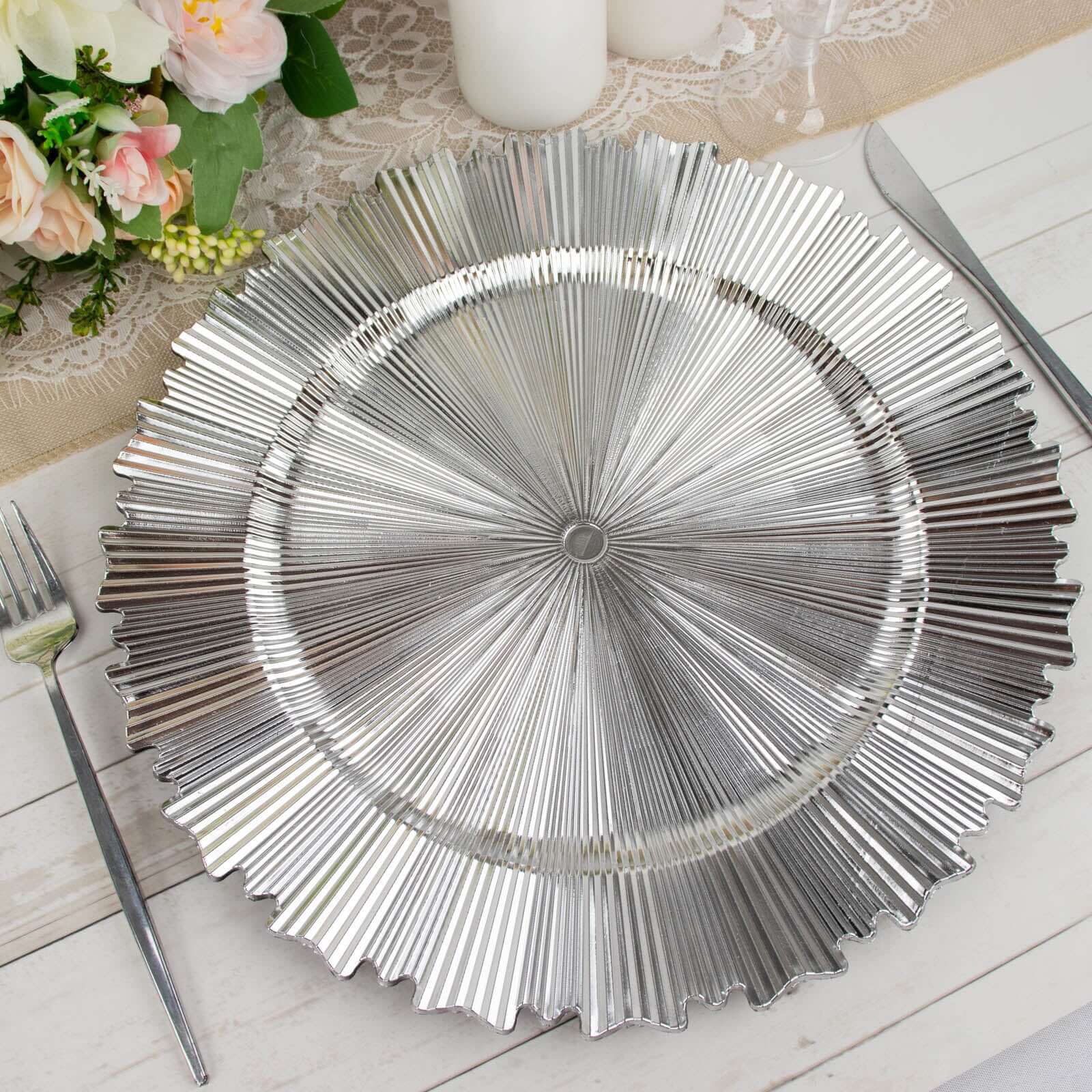 6-Pack Acrylic Plastic Round Charger Plates 13" in Metallic Silver with Sunray Scalloped Rim, Decorative Dinner Party Charger Tableware