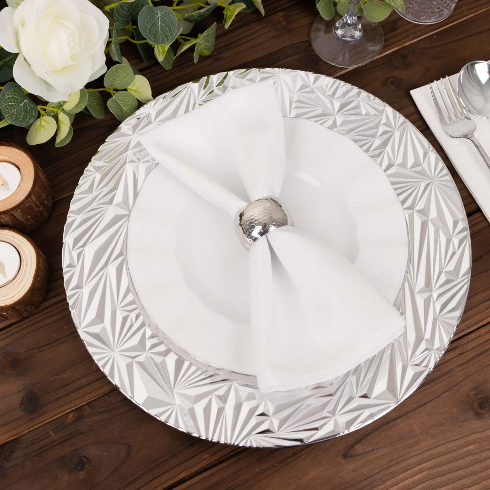 6-Pack Acrylic Round Charger Plates 13" in Metallic Silver with Rock Cut Design, Durable Plastic Dinner Charger Tableware