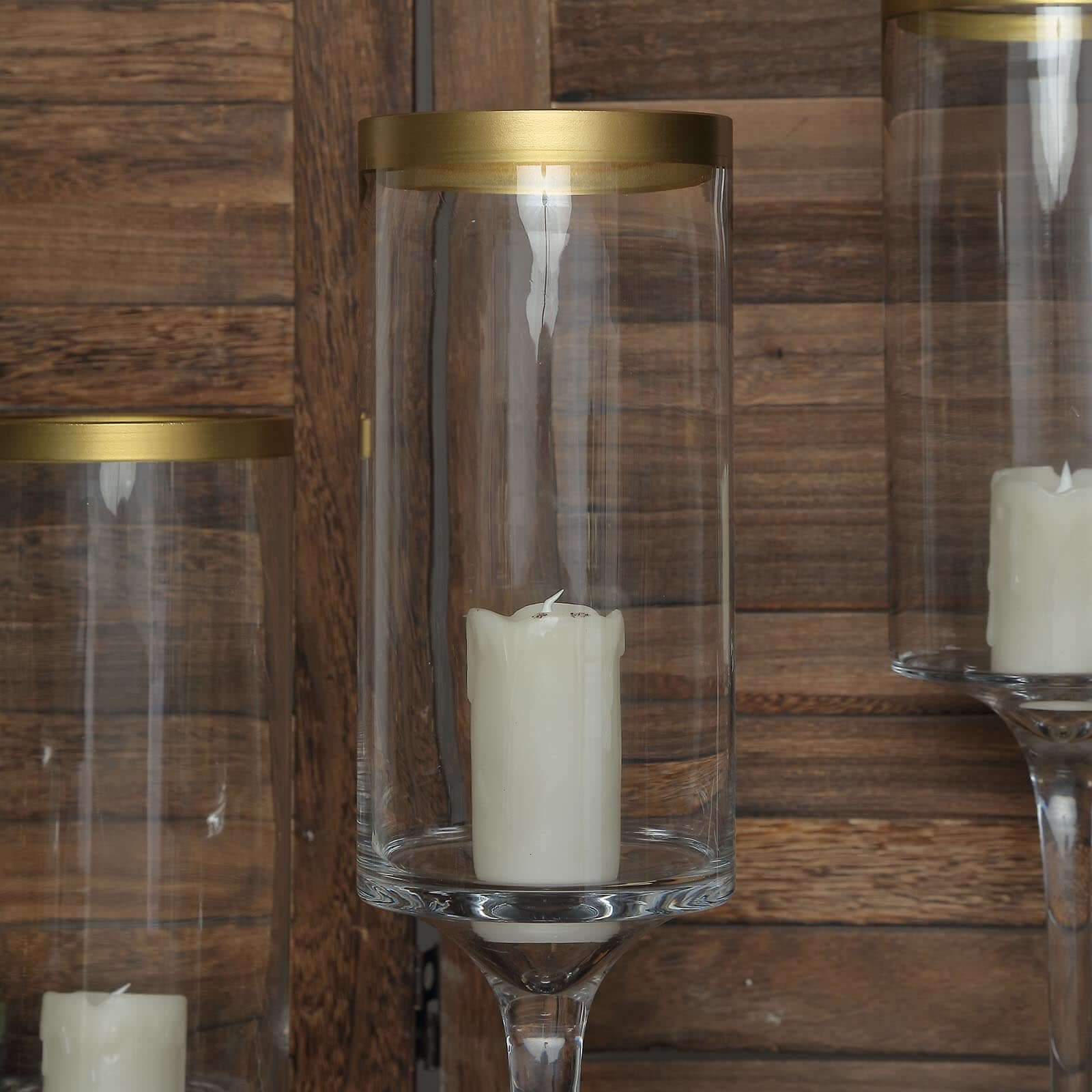 Set of 3 Glass Hurricane Candle Holders Long Stem Clear with Gold Rim - Decorative Pedestal Floral Centerpieces 16", 18", 20"