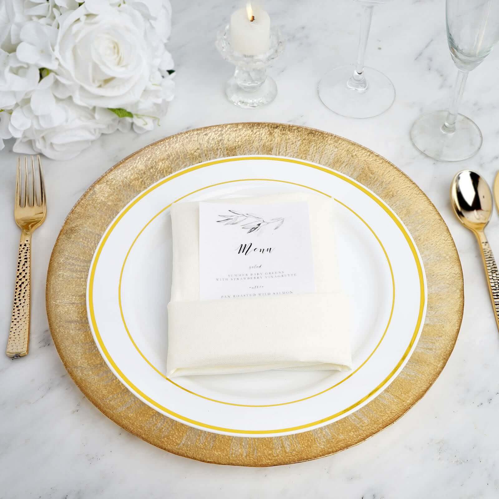 8-Pack Glass Round Charger Plates 13" in Clear with Metallic Gold Spray Rim, Decorative Dinner Charger Tableware