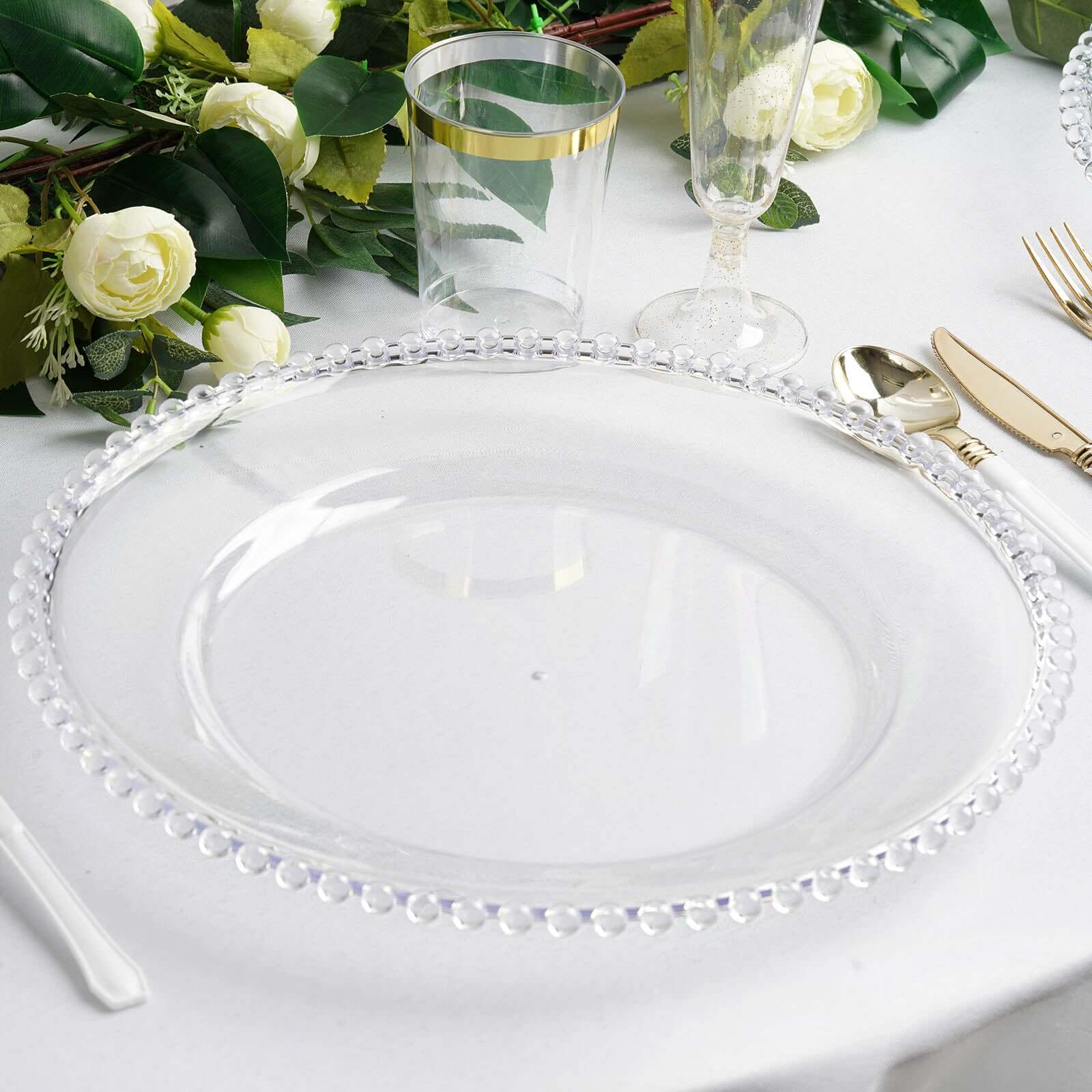 6-Pack Acrylic Round Charger Plates 13" in Clear with Beaded Rim, Decorative Dinner Party Serving Plates