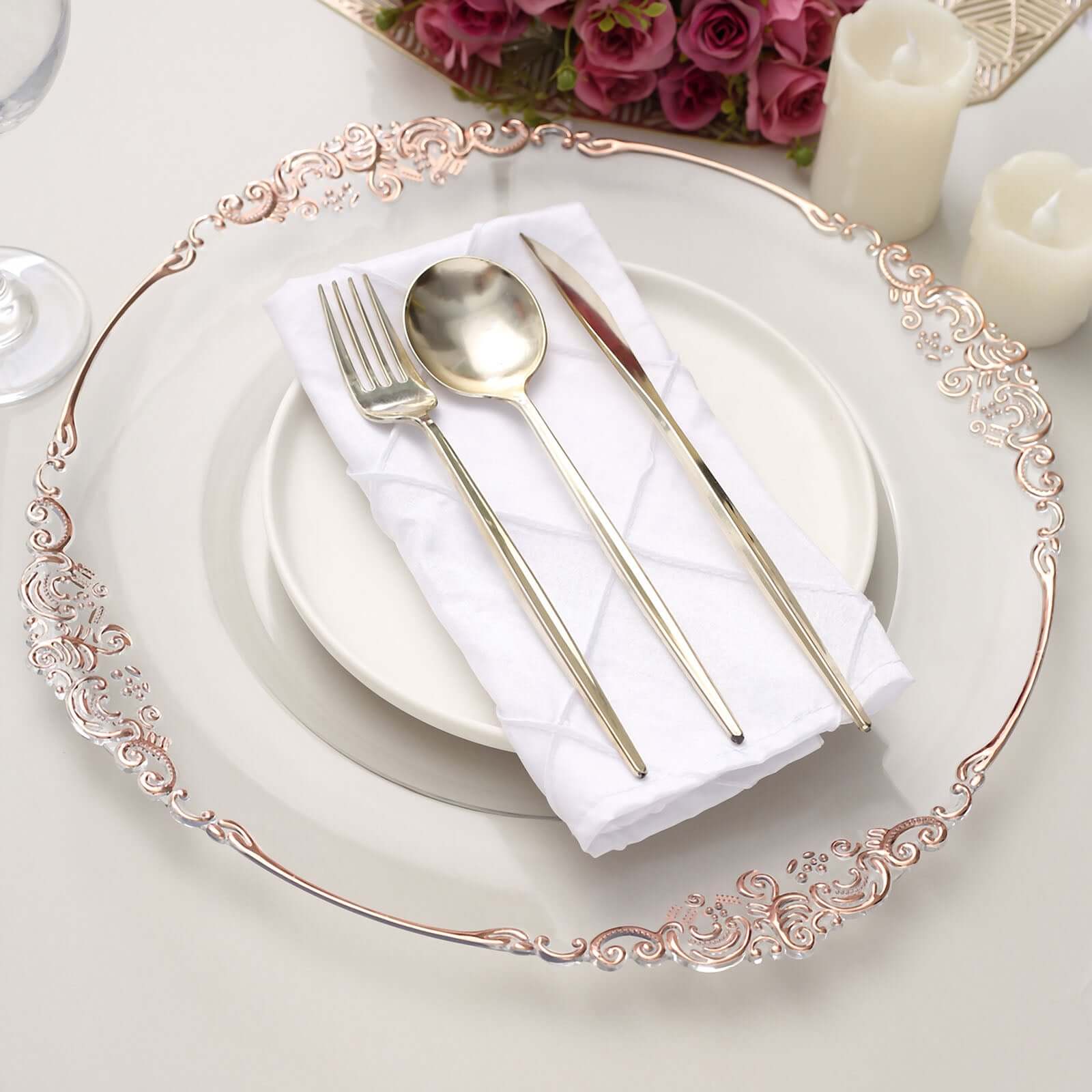 6-Pack Acrylic Round Charger Plates 13" in Clear with Rose Gold Embossed Baroque Rim, Antique Decorative Dinner Party Charger Tableware