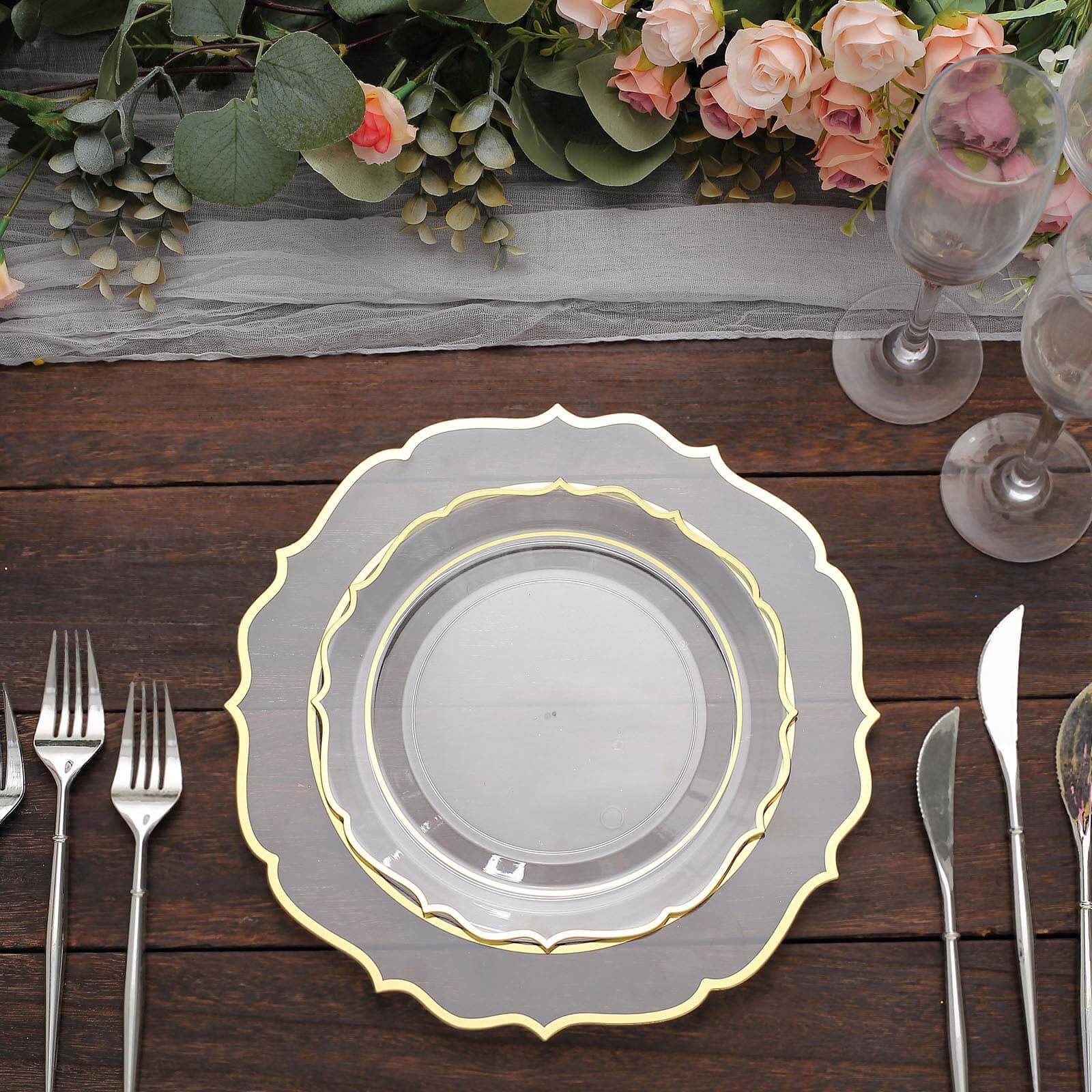 10-Pack Plastic 8" Round Desert Plates in Clear with Gold Scalloped Rim - Disposable Appetizer/Salad Plates