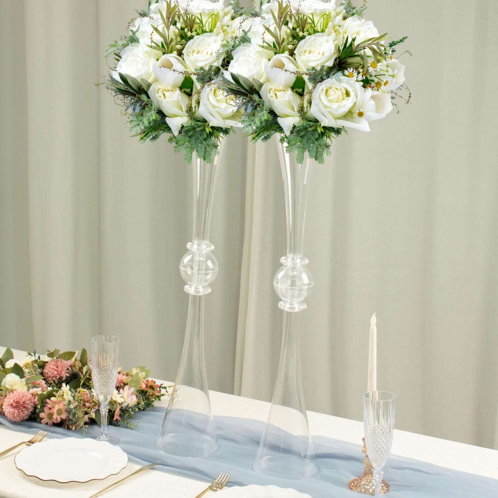 2 Pack 31" Clear Crystal Embellishment Trumpet Flower Vase, Reversible Plastic Table Centerpiece