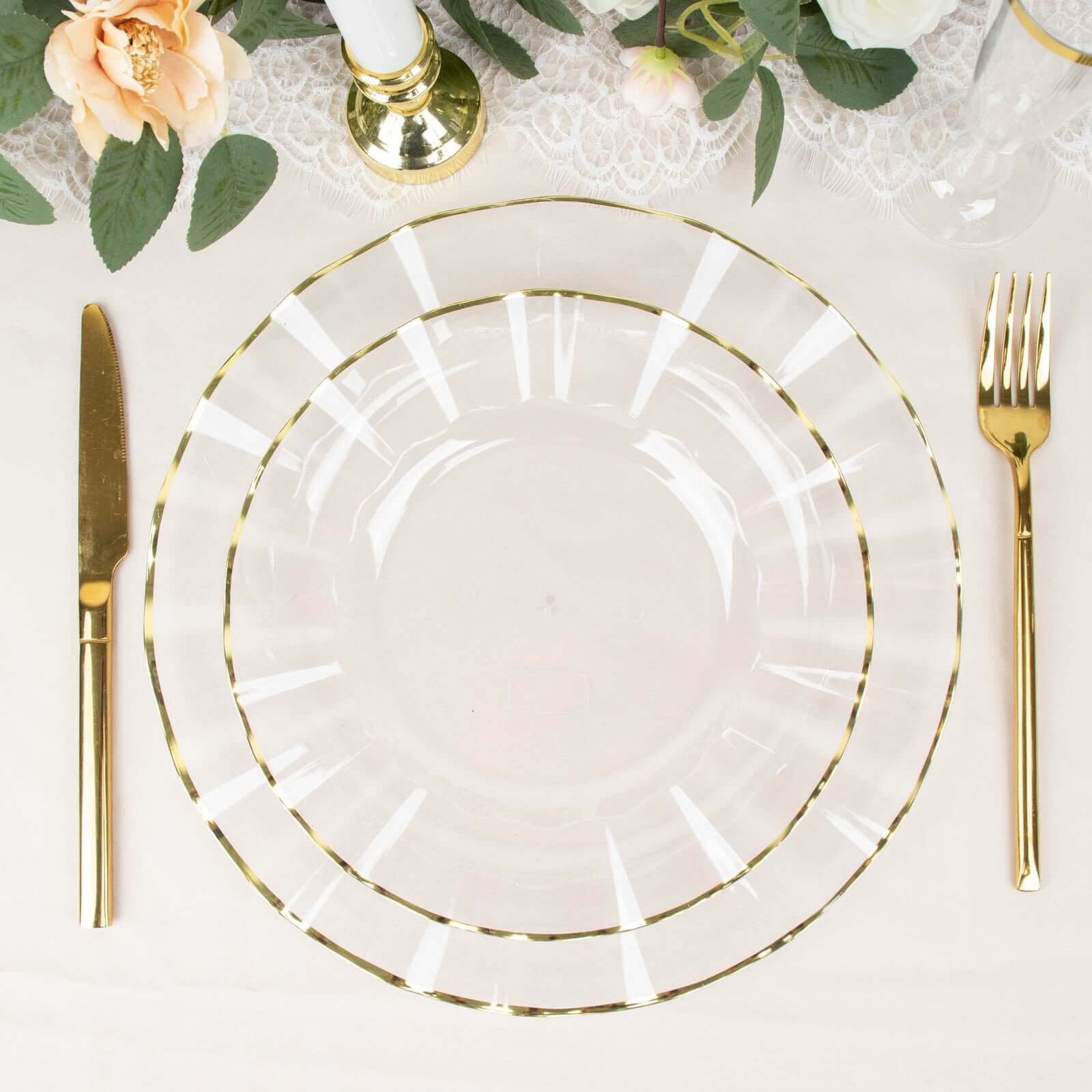 10-Pack Plastic 9" Round Dinner Plates in Clear Ruffled Rim with Gold Edging - Sturdy Disposable Dinnerware