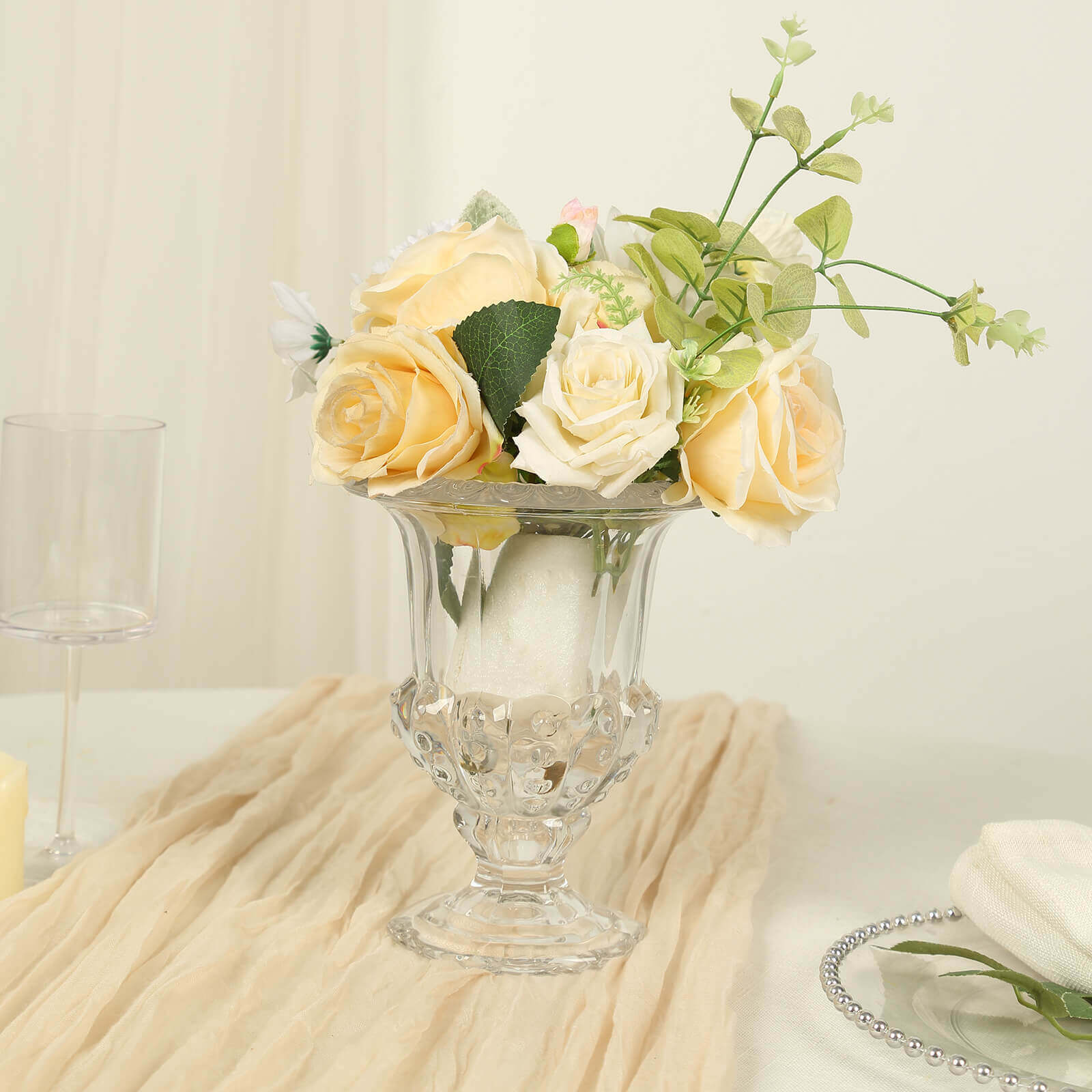 2-Pack Glass Mini Pedestal Flower Vases in Classic Roman Urn Style Clear - Sophisticated Wedding Table Centerpieces 8"