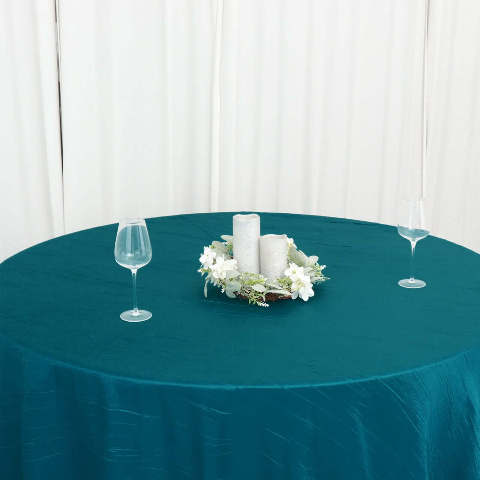 Taffeta 120" Round Tablecloth Peacock Teal - Seamless Accordion Crinkle Table Cover