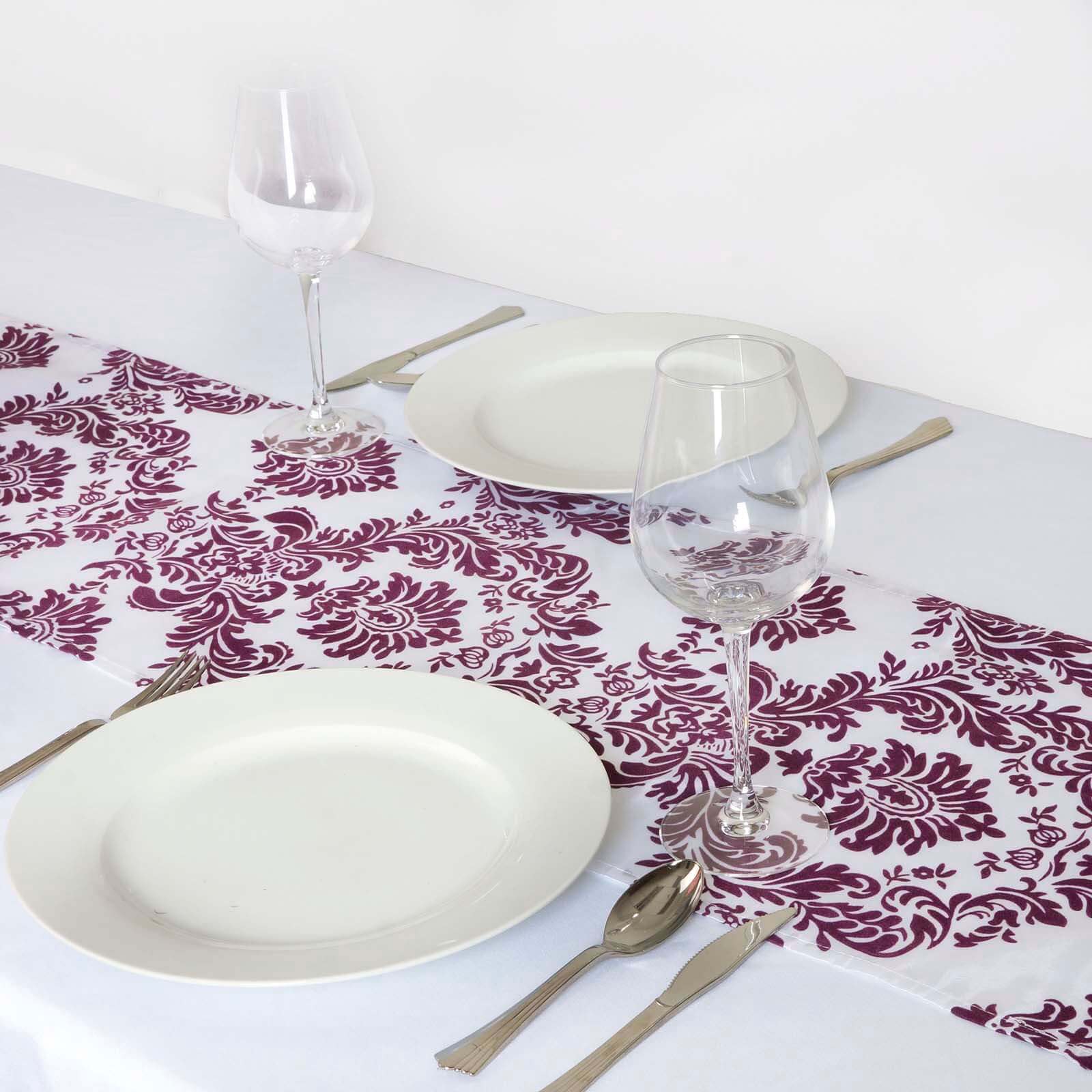 12"x108" Eggplant Taffeta Damask Flocking Table Runner