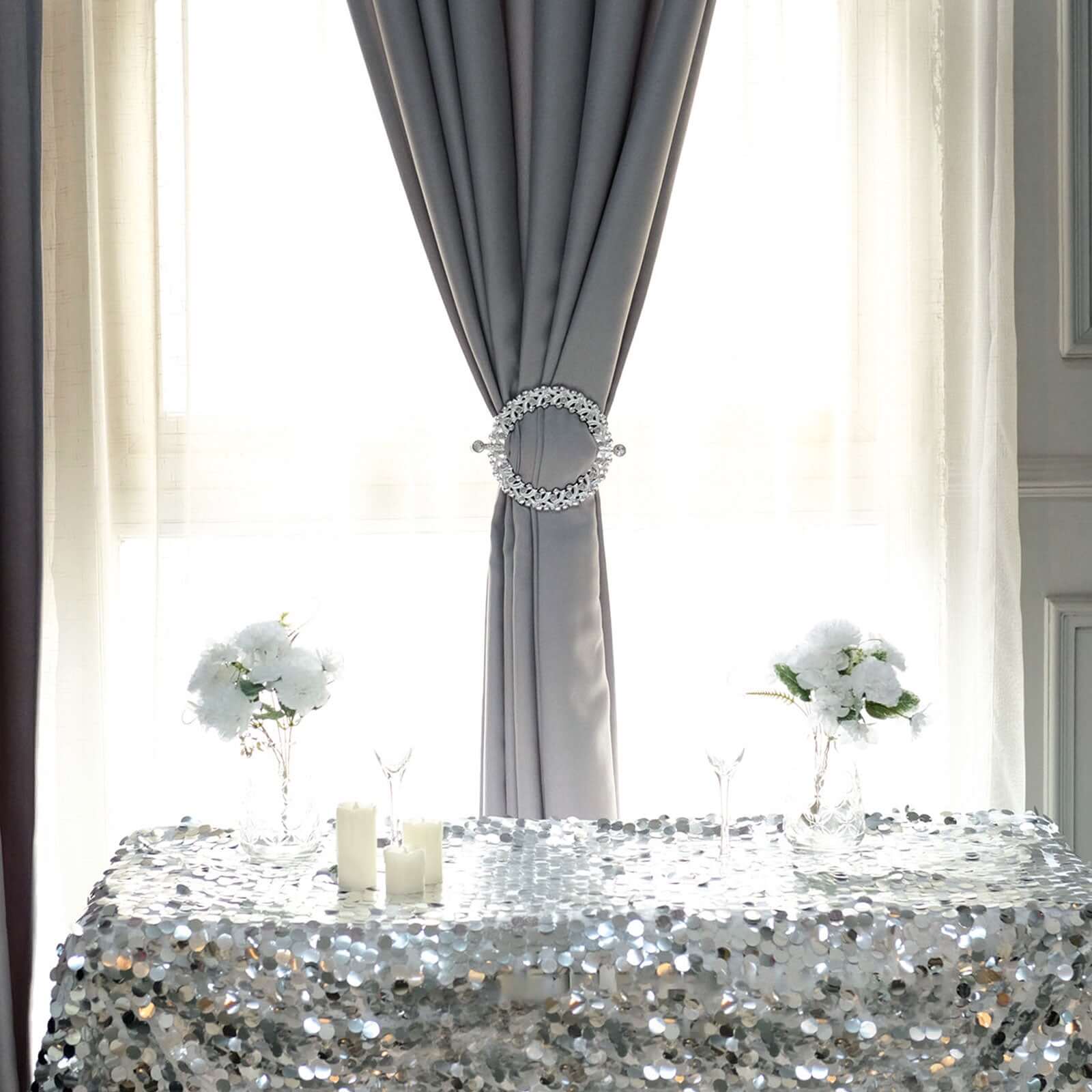 2 Pack 7" Silver Barrette Style Acrylic Crystal Curtain Tie Backs, Round Backdrop Drapery Brooch Holdbacks