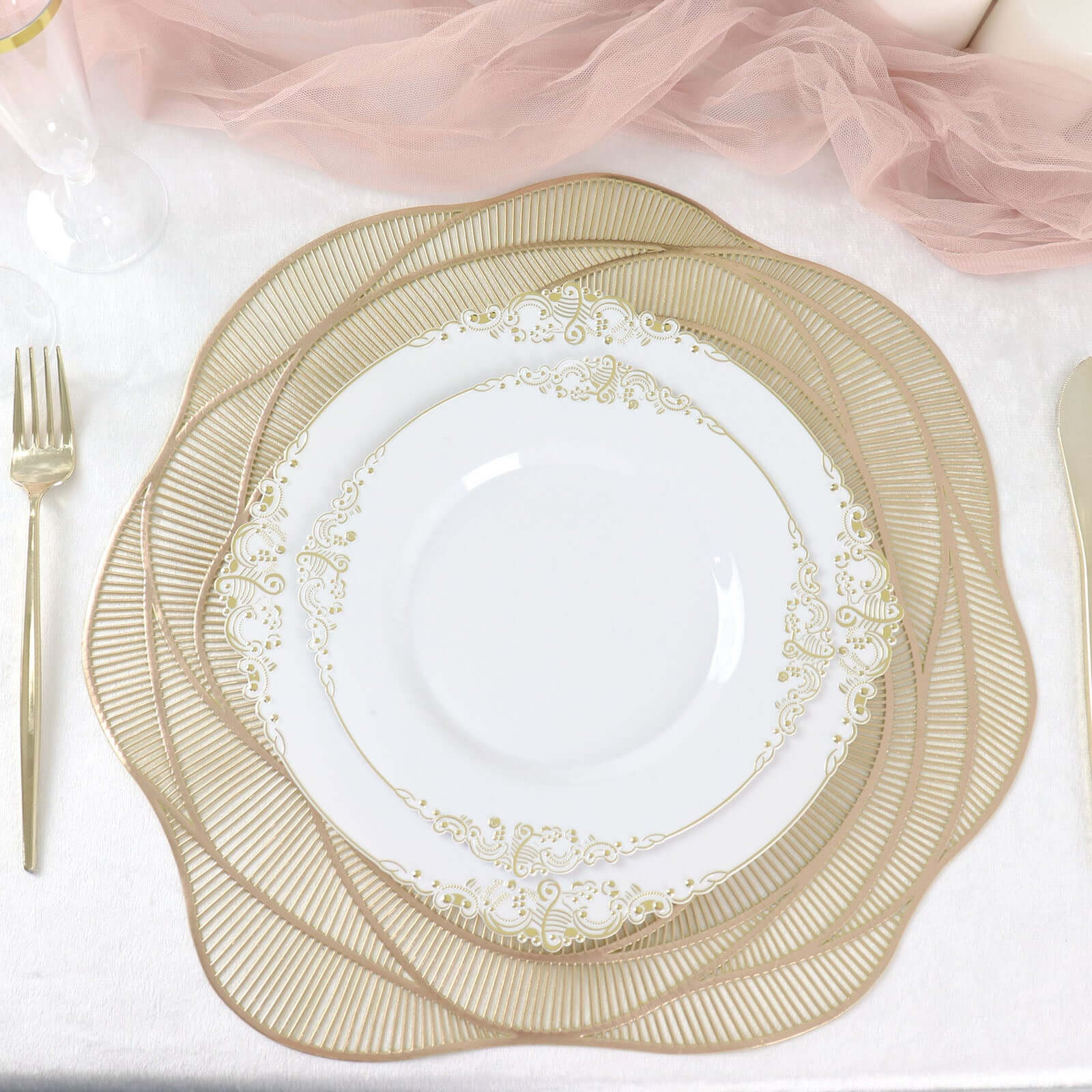 6-Pack Dining Table Mats Rose Flower Design Metallic Gold - Vinyl Round Non-Slip and Washable Table Mats 15"