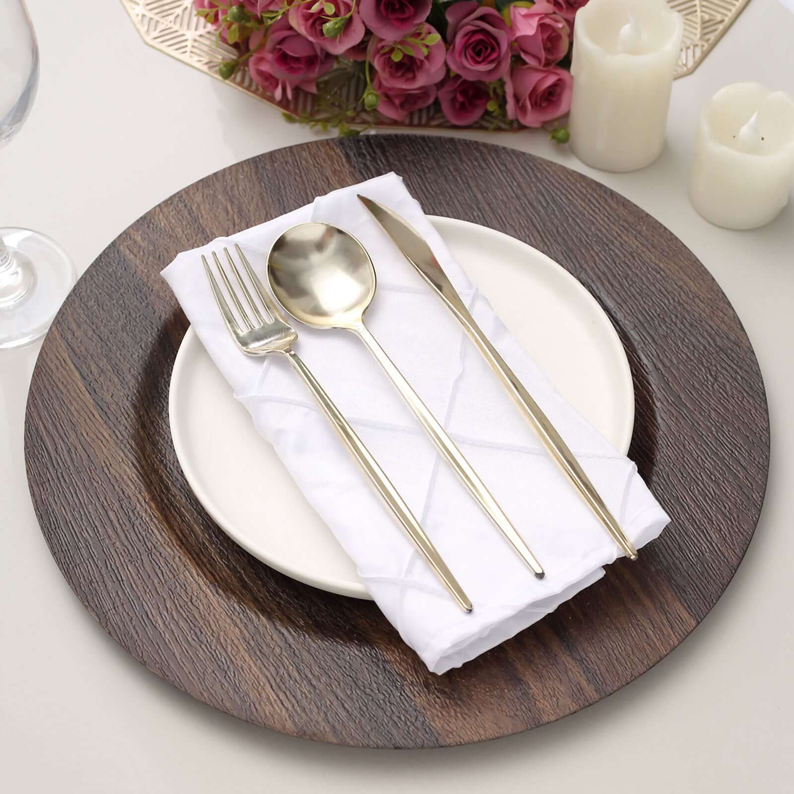 6-Pack Plastic Round Charger Plates 13" in Dark Brown with Faux Wood Finish, Rustic Boho Chic Dinner Party Charger Tableware