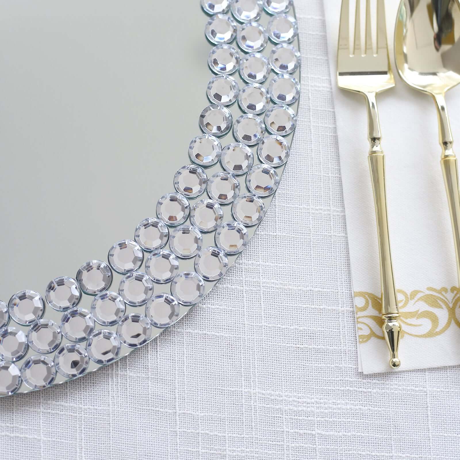 2-Pack Mirror Glass Round Charger Plates 13" with Silver Mirror Diamond Beaded Rim, Upscale Decorative Chargers