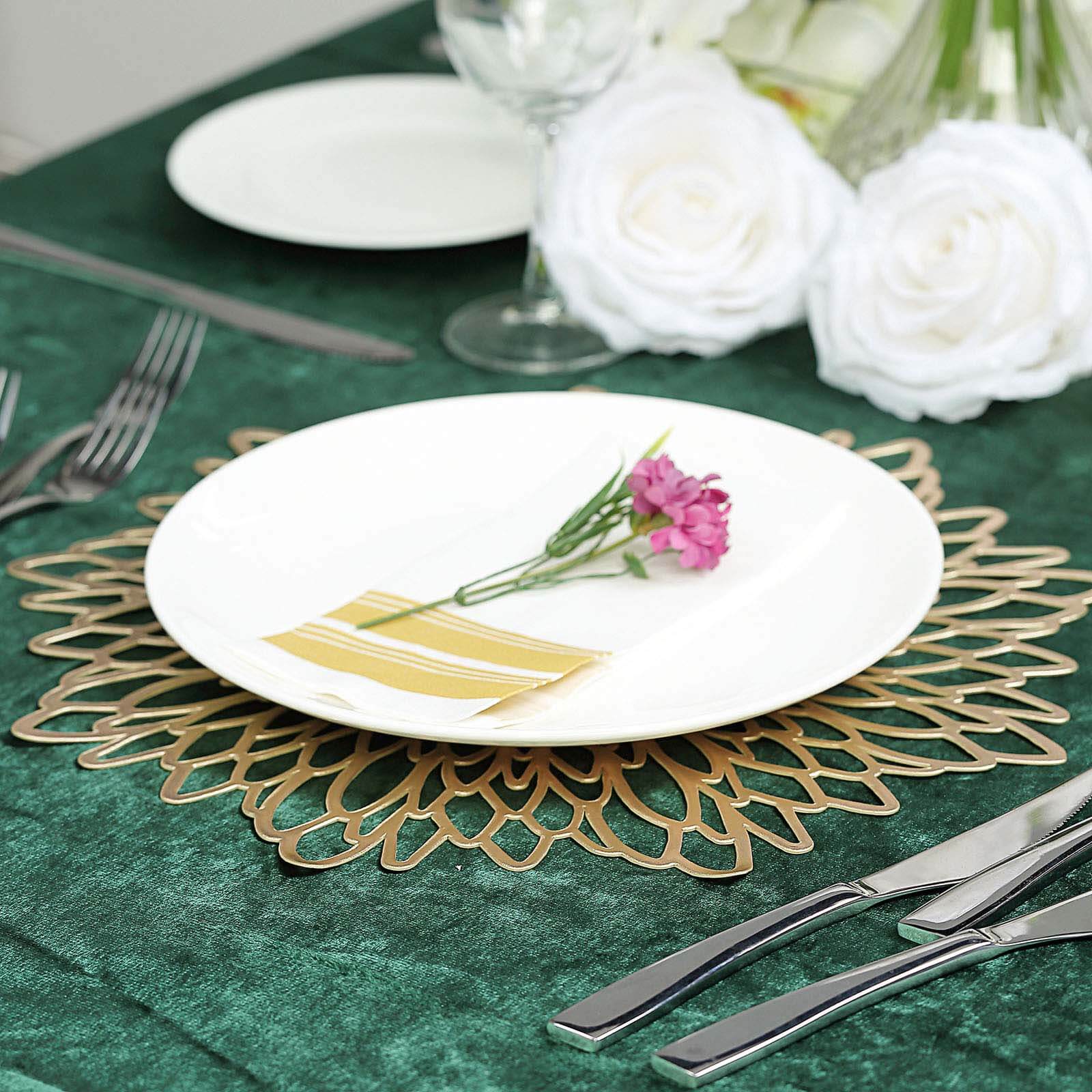 6-Pack Dining Table Mats Floral Design Gold - Metallic Vinyl Round Non-Slip Mats for Tables 15"