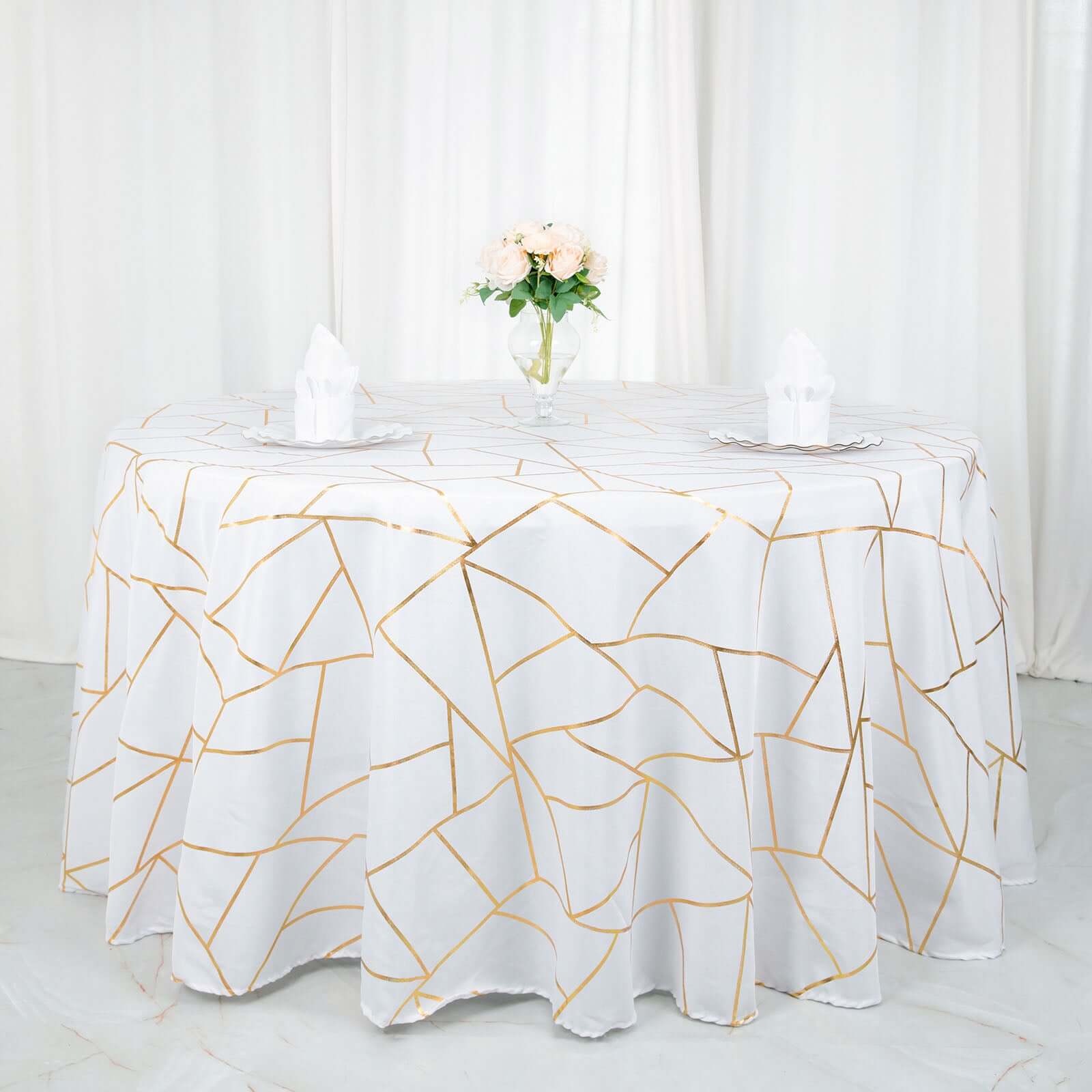 Polyester 120" Round Tablecloth White with Gold Foil Geometric Pattern Wrinkle-Resistant Modern Seamless Table Cover