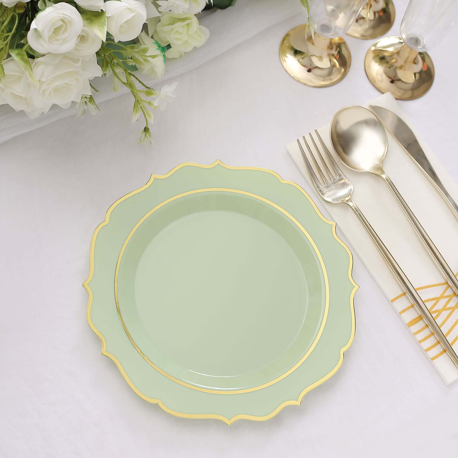 10-Pack Plastic 8" Round Desert Plates in Sage Green with Gold Scalloped Rim - Disposable Appetizer/Salad Plates