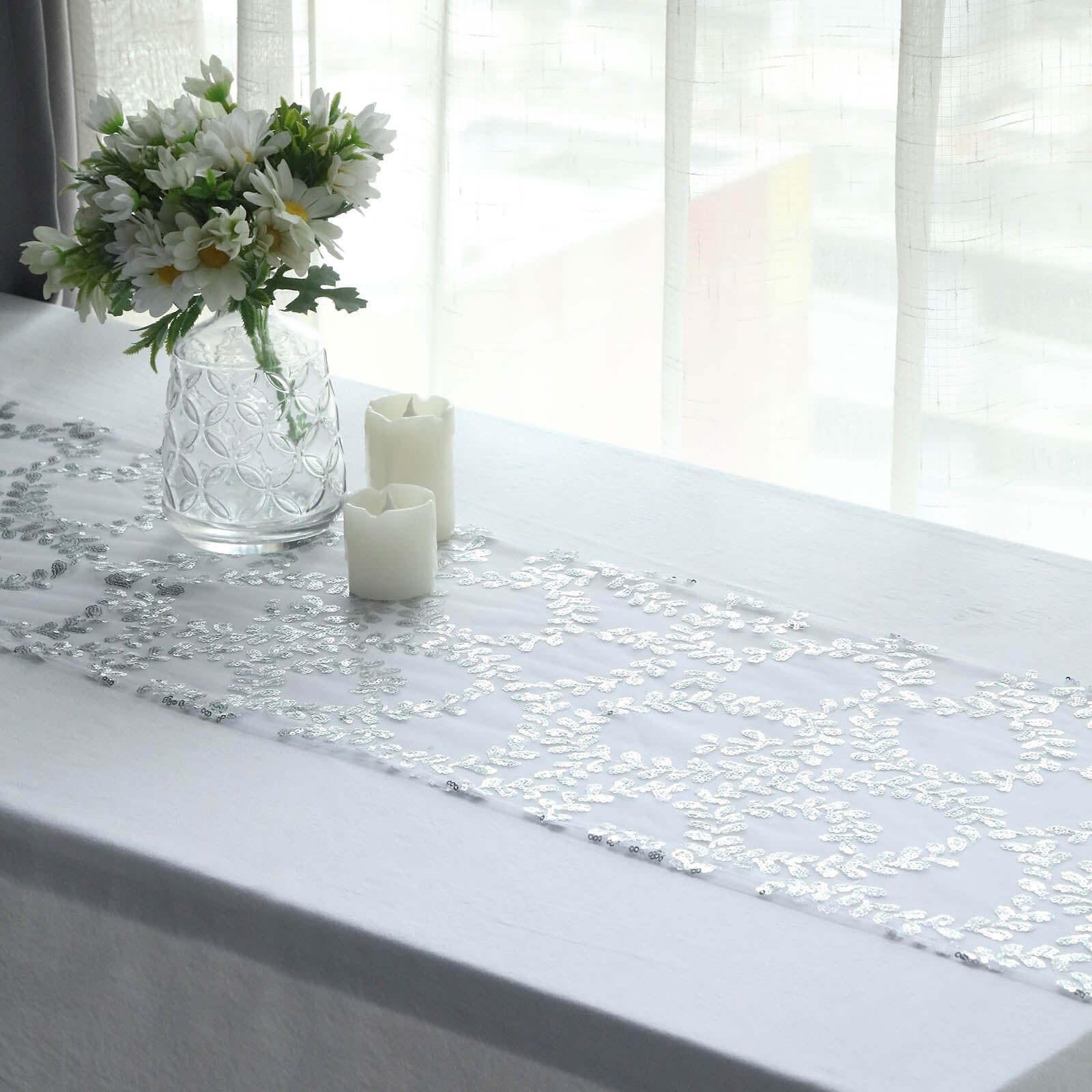 Mesh 12"x108" Table Runner Silver - Leaf Vine Embroidery