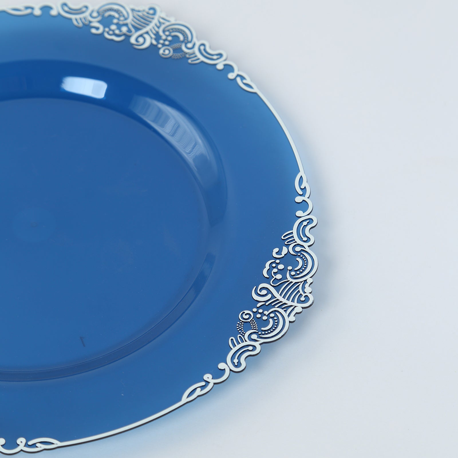 10-Pack Plastic 8" Round Dessert Plates in Transparent Navy Blue with Silver Leaf Embossed Rim - Disposable Vintage Baroque Style Salad Plates