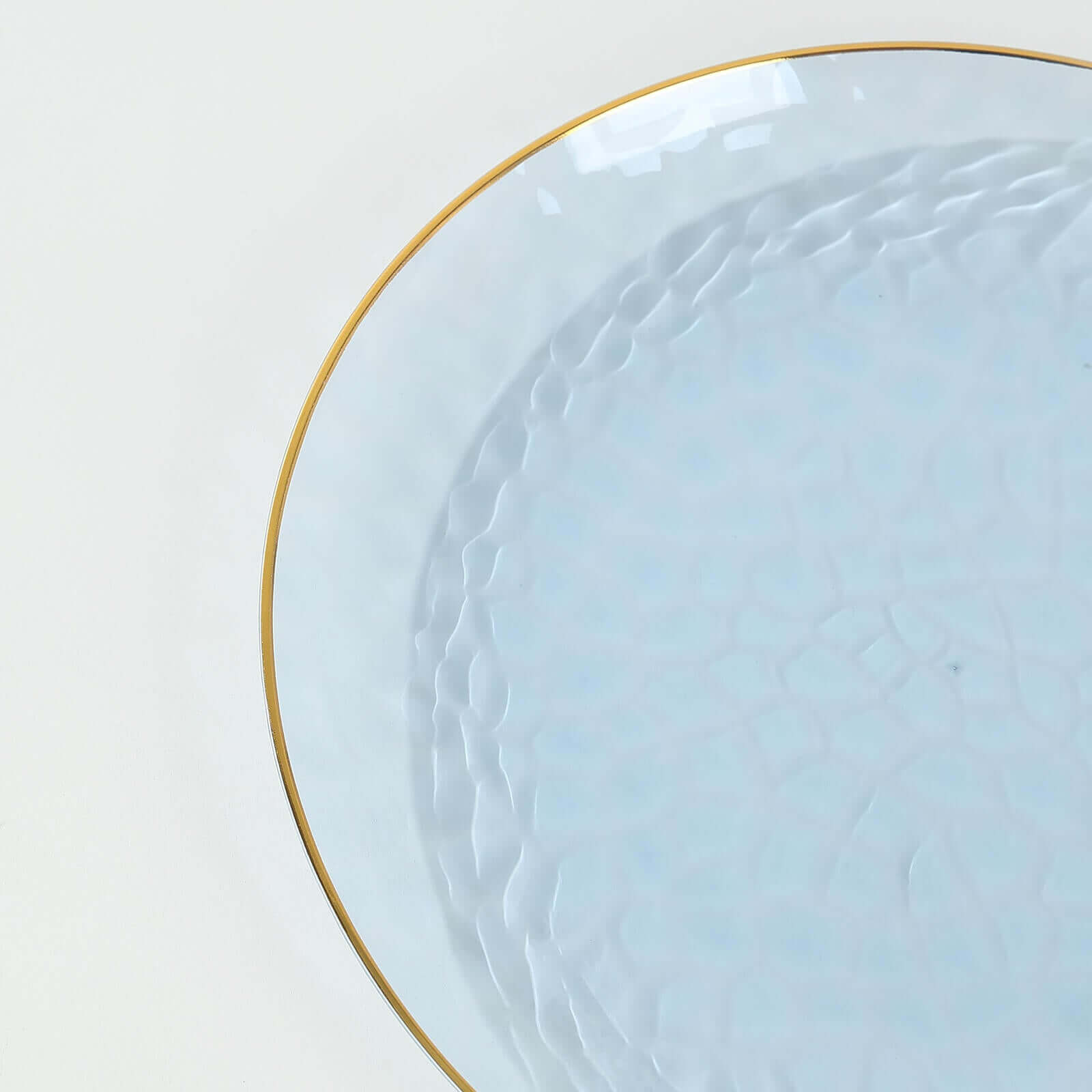 10-Pack Plastic 7" Round Dessert Appetizer Plates in Transparent Dusty Blue Hammered Design with Gold Rim - Modern Disposable Salad Plates