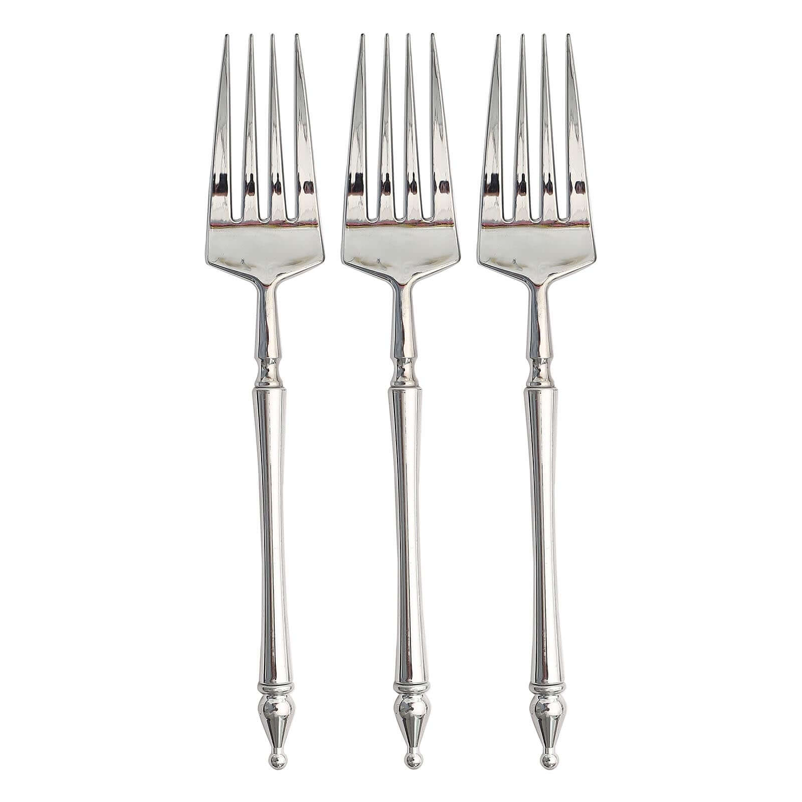 24-Pack Plastic Dessert Forks with Roman Column Handle Silver - European Style Disposable Utensils 6"