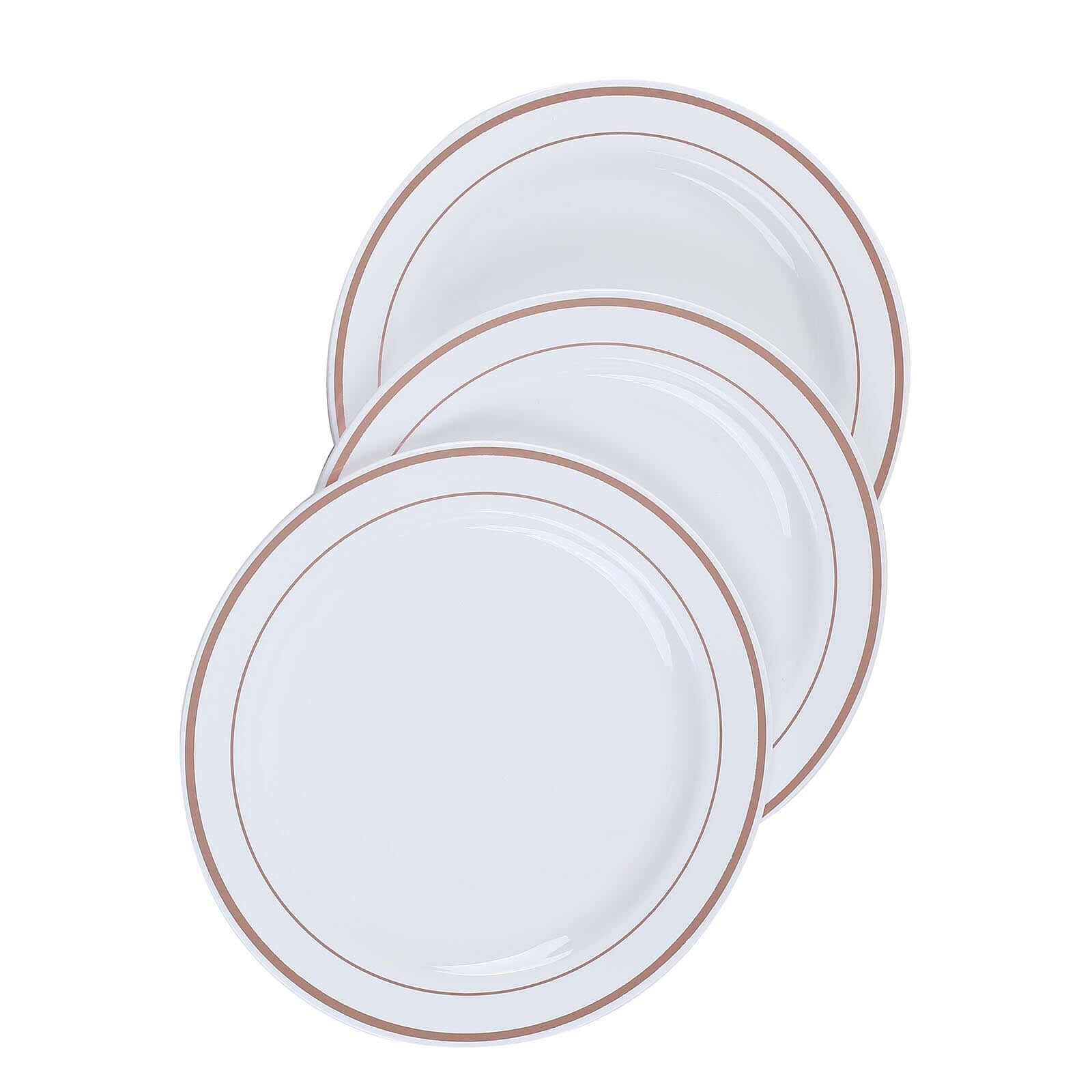 10-Pack Plastic Dessert Plates White with Très Chic Rose Gold Rim - Disposable Plates for Parties 8"