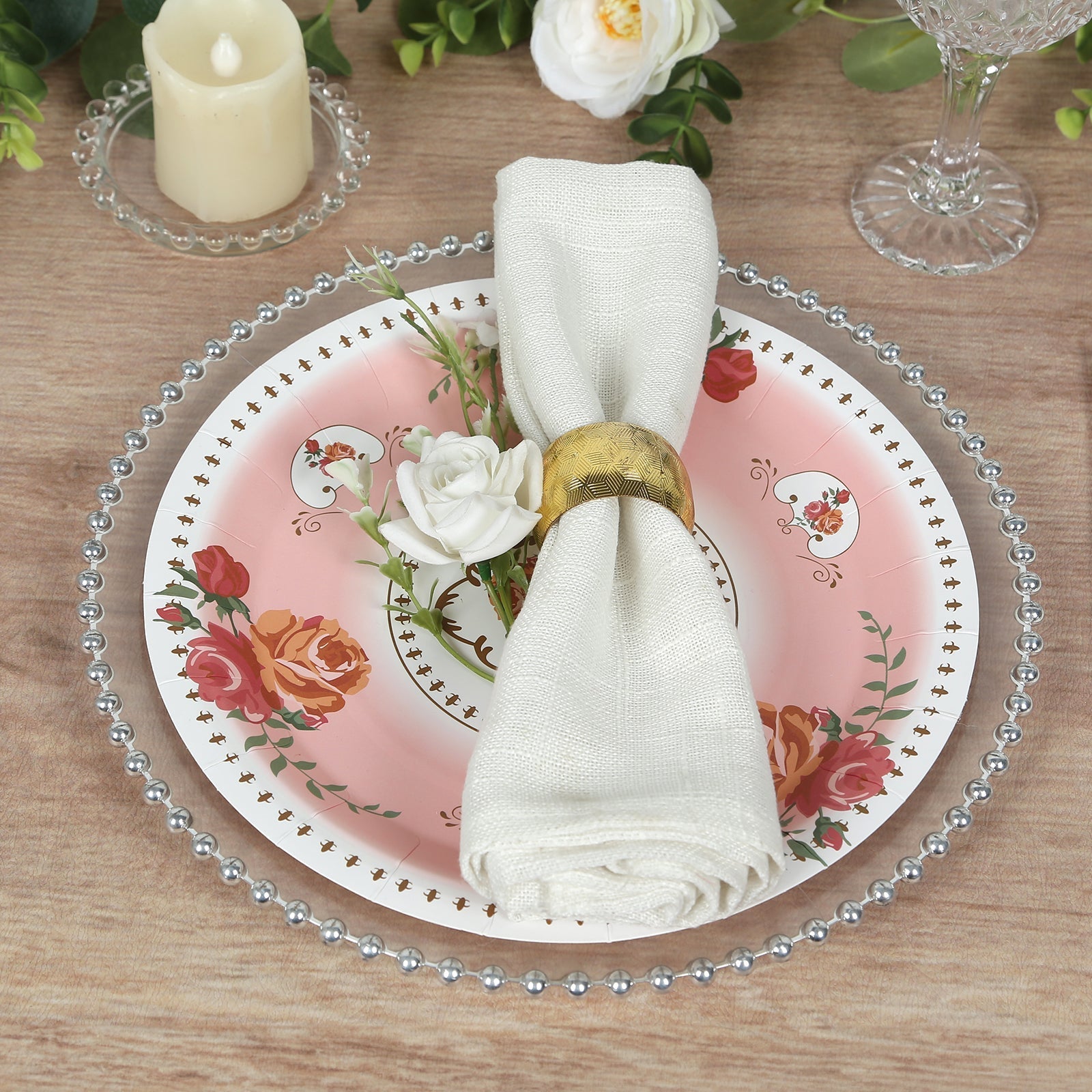 25-Pack Paper 9" Round Dinner Plates in Dusty Rose with Vintage Rose Flower Print - Disposable Plates