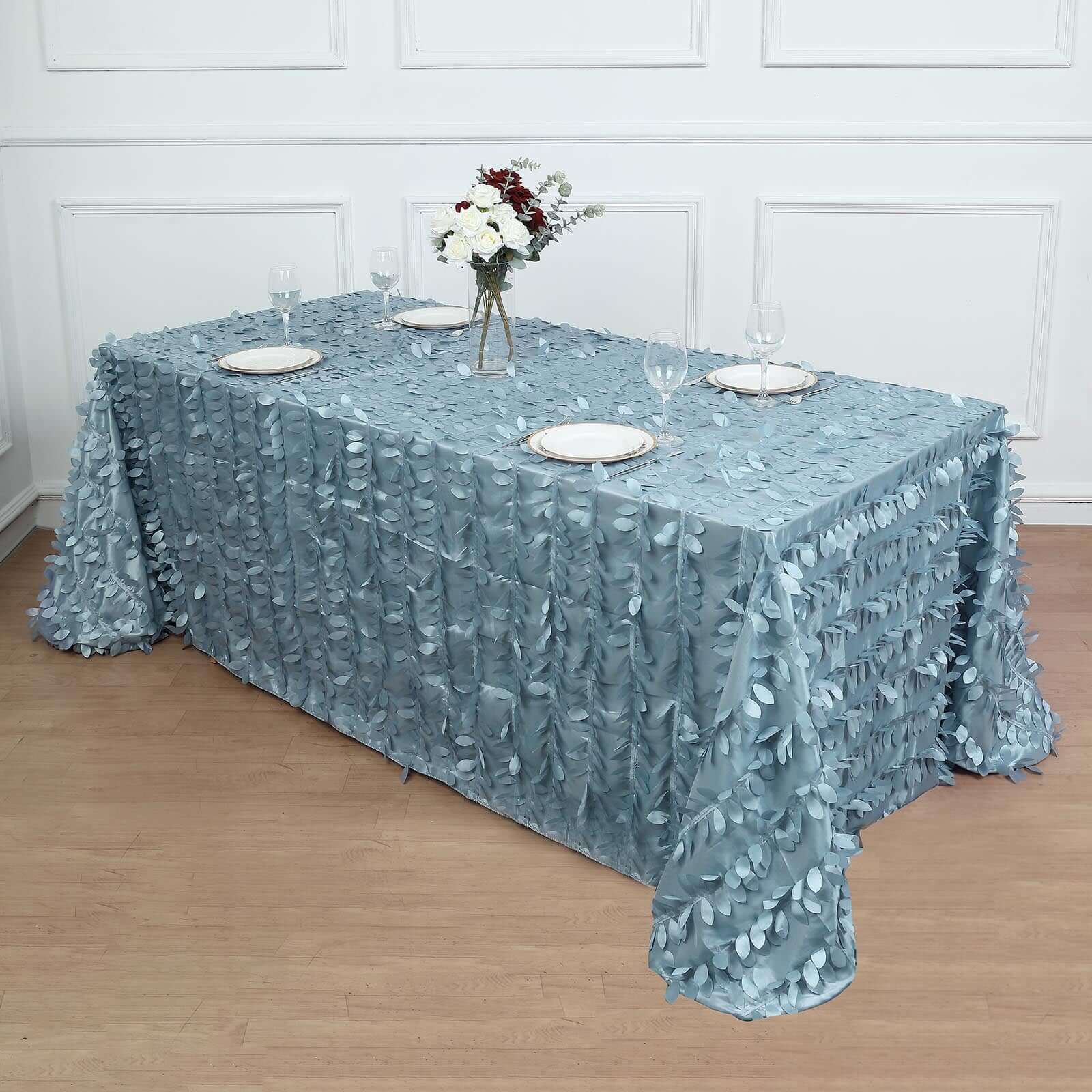 Taffeta 90"x132" Rectangle Tablecloth Dusty Blue | 3D Leaf Petal Design Seamless Table Cover
