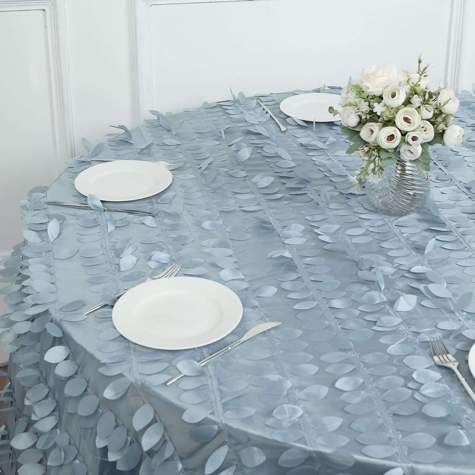 Taffeta 120" Round Tablecloth Dusty Blue | 3D Leaf Petal Design Seamless Table Cover