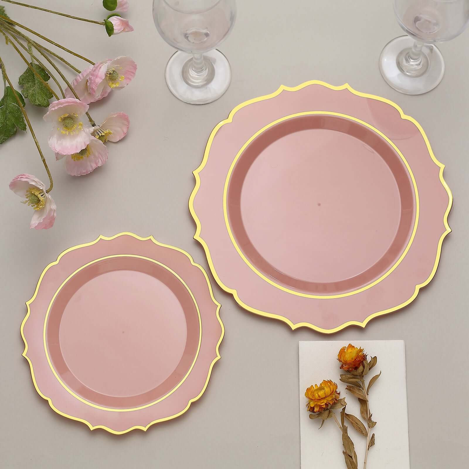 10-Pack Plastic 8" Round Desert Plates in Dusty Rose with Gold Scalloped Rim - Disposable Appetizer/Salad Plates