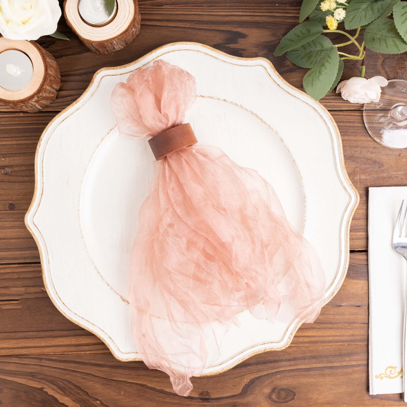 5 Pack Crinkled Organza 21"x21" Napkins Dusty Rose - Rustic Style Dinner & Party Napkins
