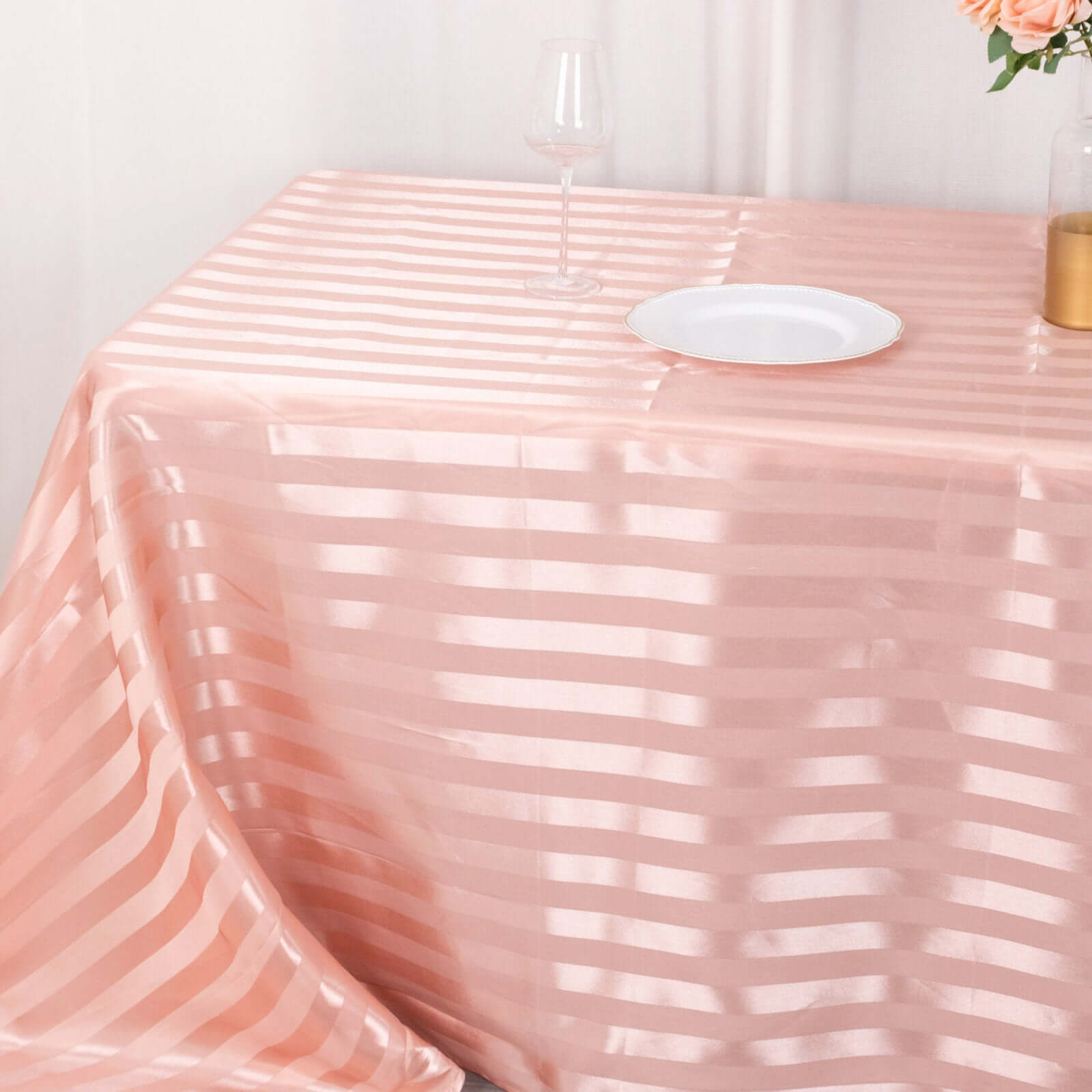 Satin Striped 90"x132" Rectangular Tablecloth Dusty Rose Satin Stripe - Seamless Silky Smooth Table Cover