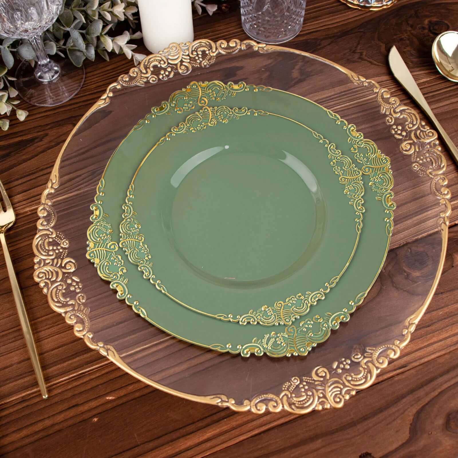 10-Pack Plastic 8" Round Dessert Plates in Dusty Sage Green with Gold Leaf Embossed Rim - Disposable Vintage Baroque Style Salad Plates
