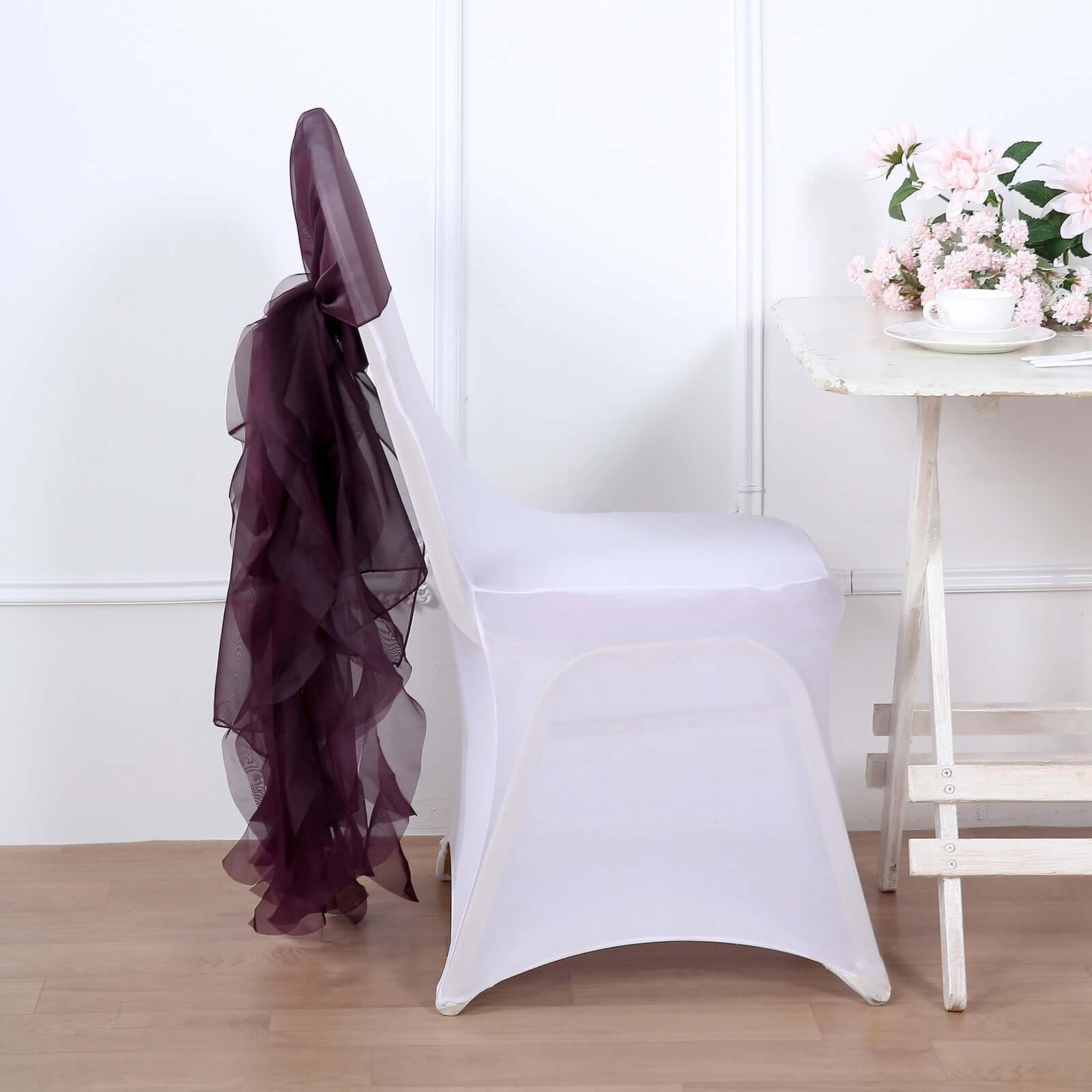 1 Set Chiffon Hoods Chair Sashes with Willow Ruffles Design Eggplant - Stylish Chair Bow Decor